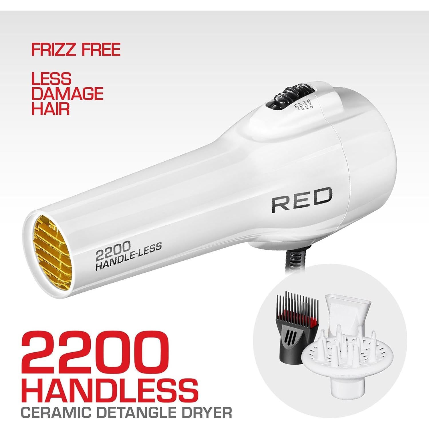 Red by KISS HandleLess Blow Dryer 2200W Ceramic Tourmaline White Color, 3 Heat Settings, Pik and Diffuser Included Comfortable Grip, Ionic for Frizz-Free Shine, Detangler & Straightening