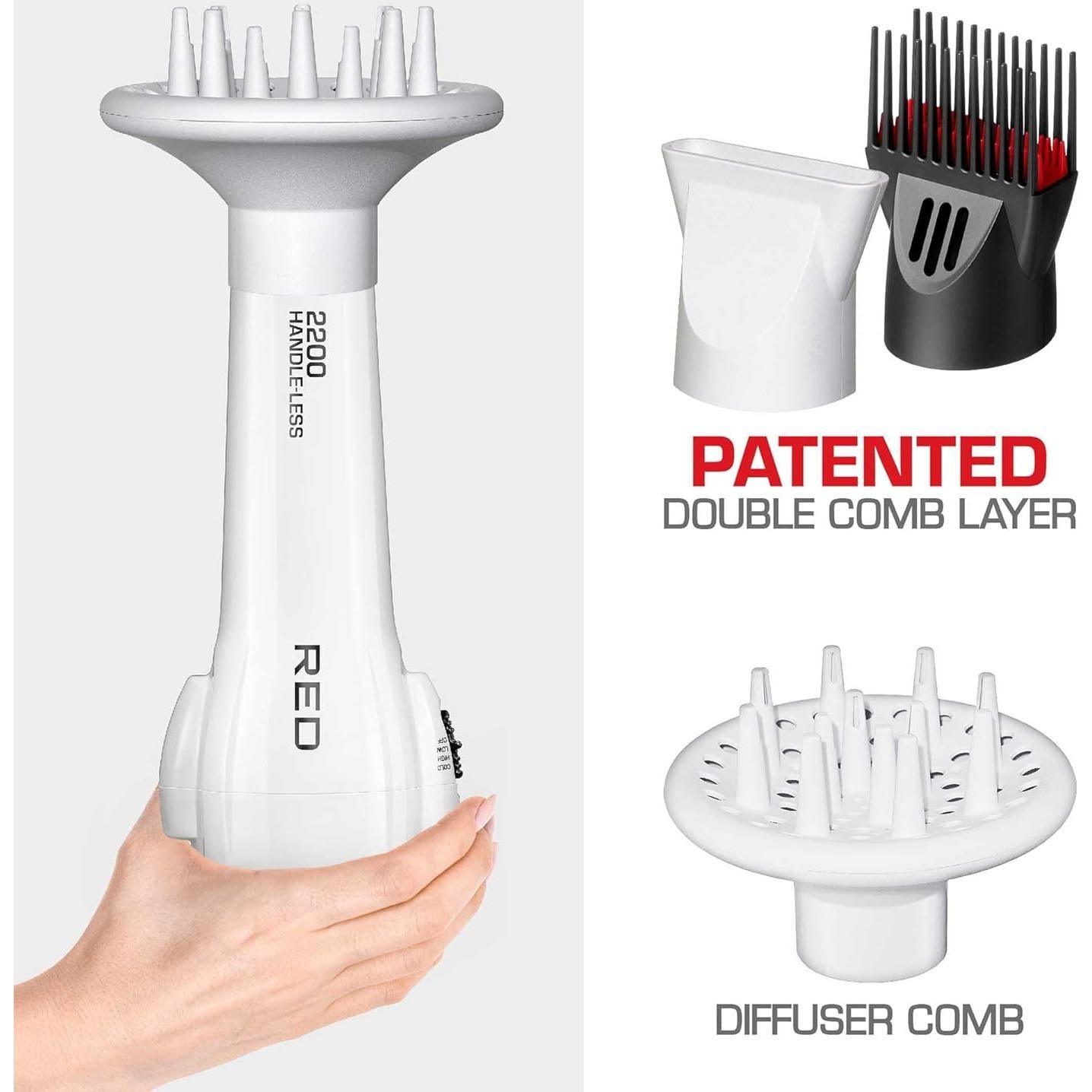 Red by KISS HandleLess Blow Dryer 2200W Ceramic Tourmaline White Color, 3 Heat Settings, Pik and Diffuser Included Comfortable Grip, Ionic for Frizz-Free Shine, Detangler & Straightening