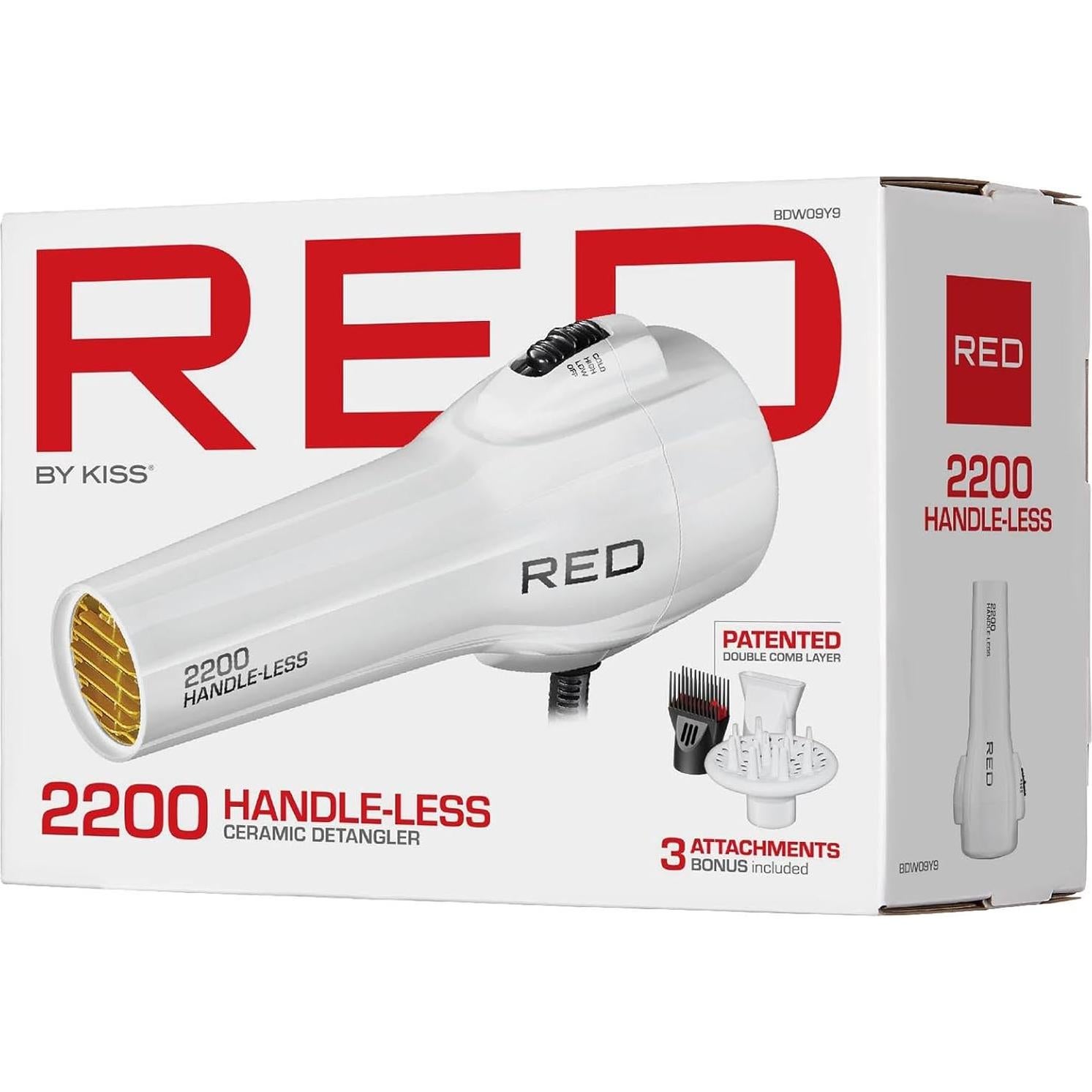 Red by KISS HandleLess Blow Dryer 2200W Ceramic Tourmaline White Color, 3 Heat Settings, Pik and Diffuser Included Comfortable Grip, Ionic for Frizz-Free Shine, Detangler & Straightening