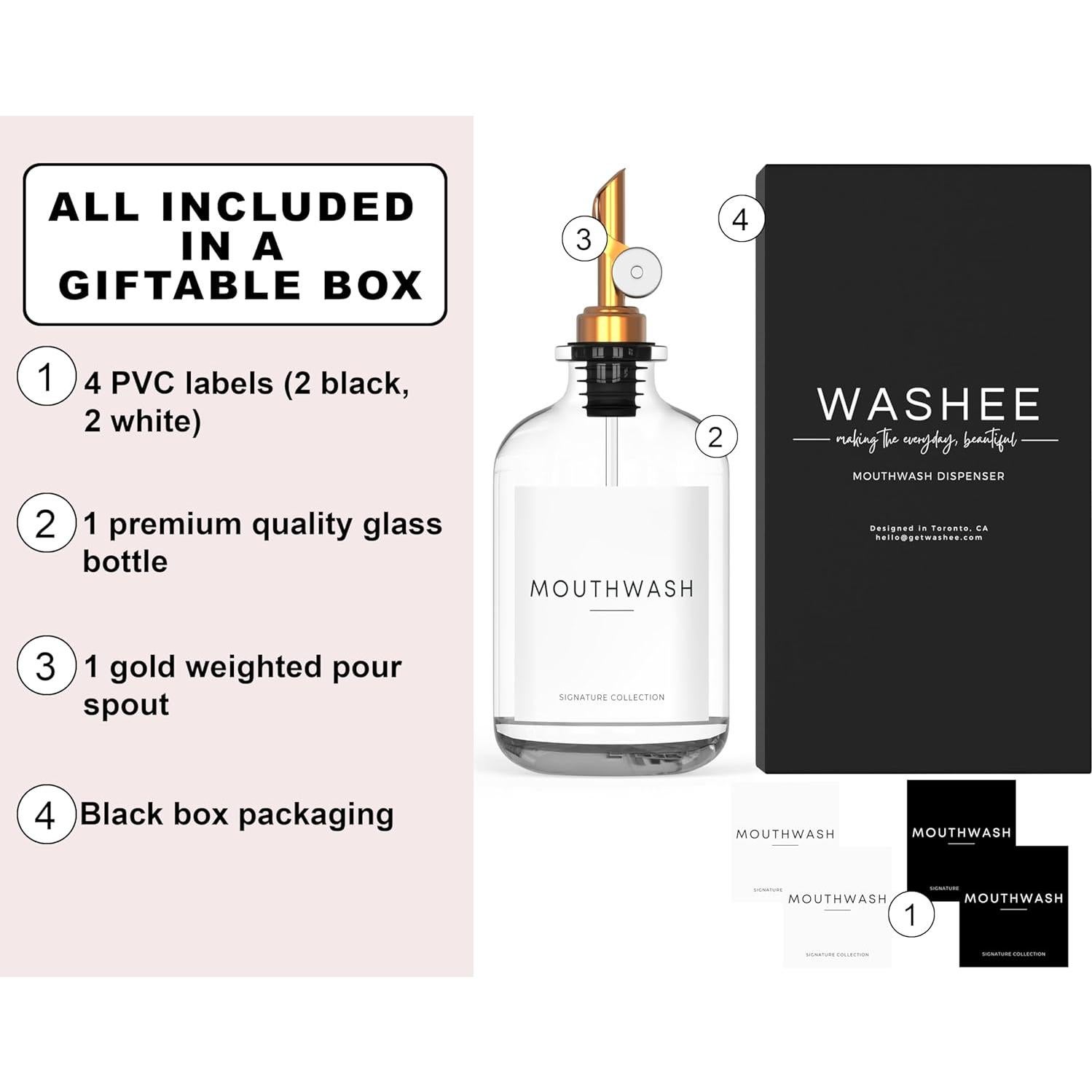 Dispensador de Enjuague Bucal Vidrio WASHEE 375 ml con Etiquetas