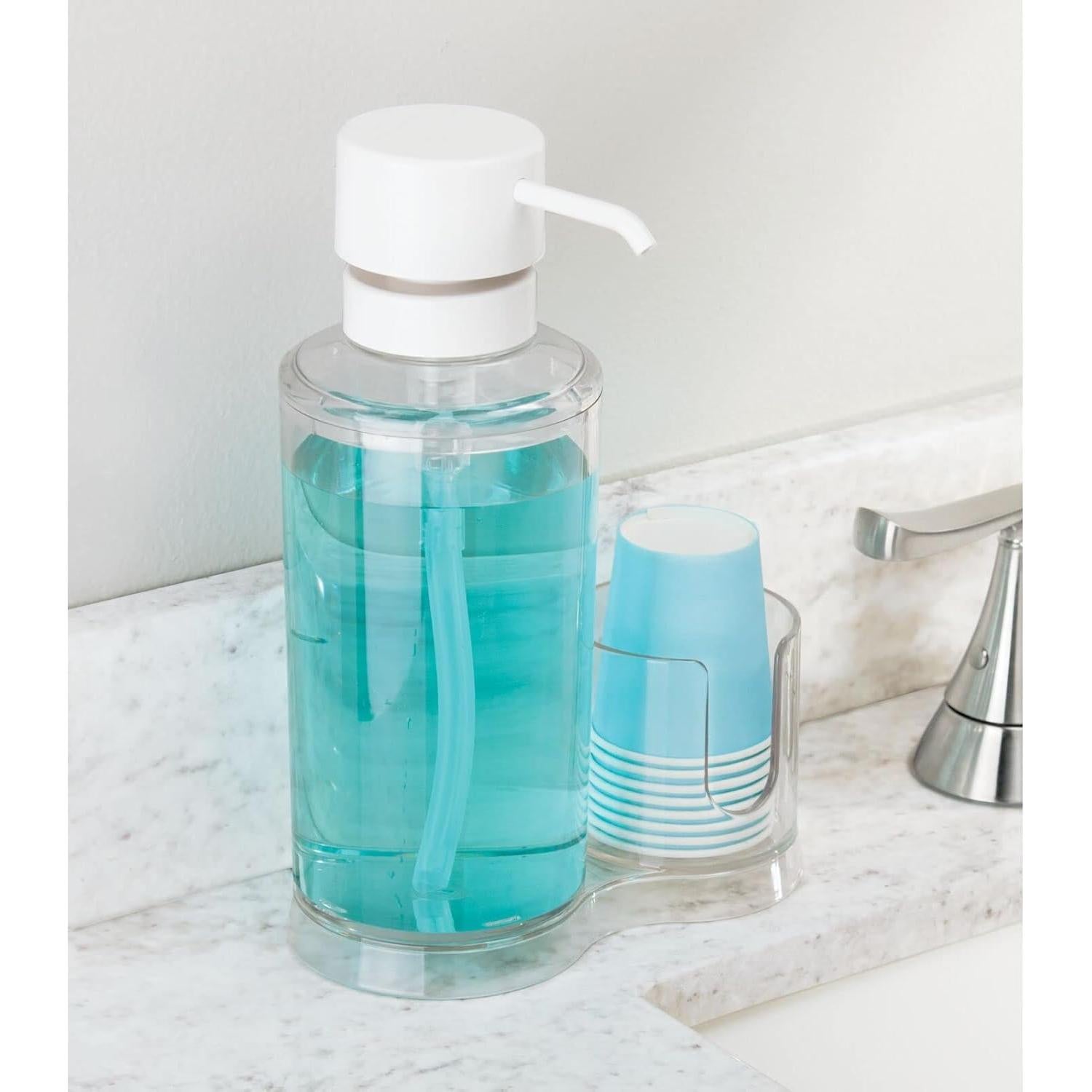 Dispensador de Enjuague Bucal mDesign con 8 Tazas - Claro/Blanco