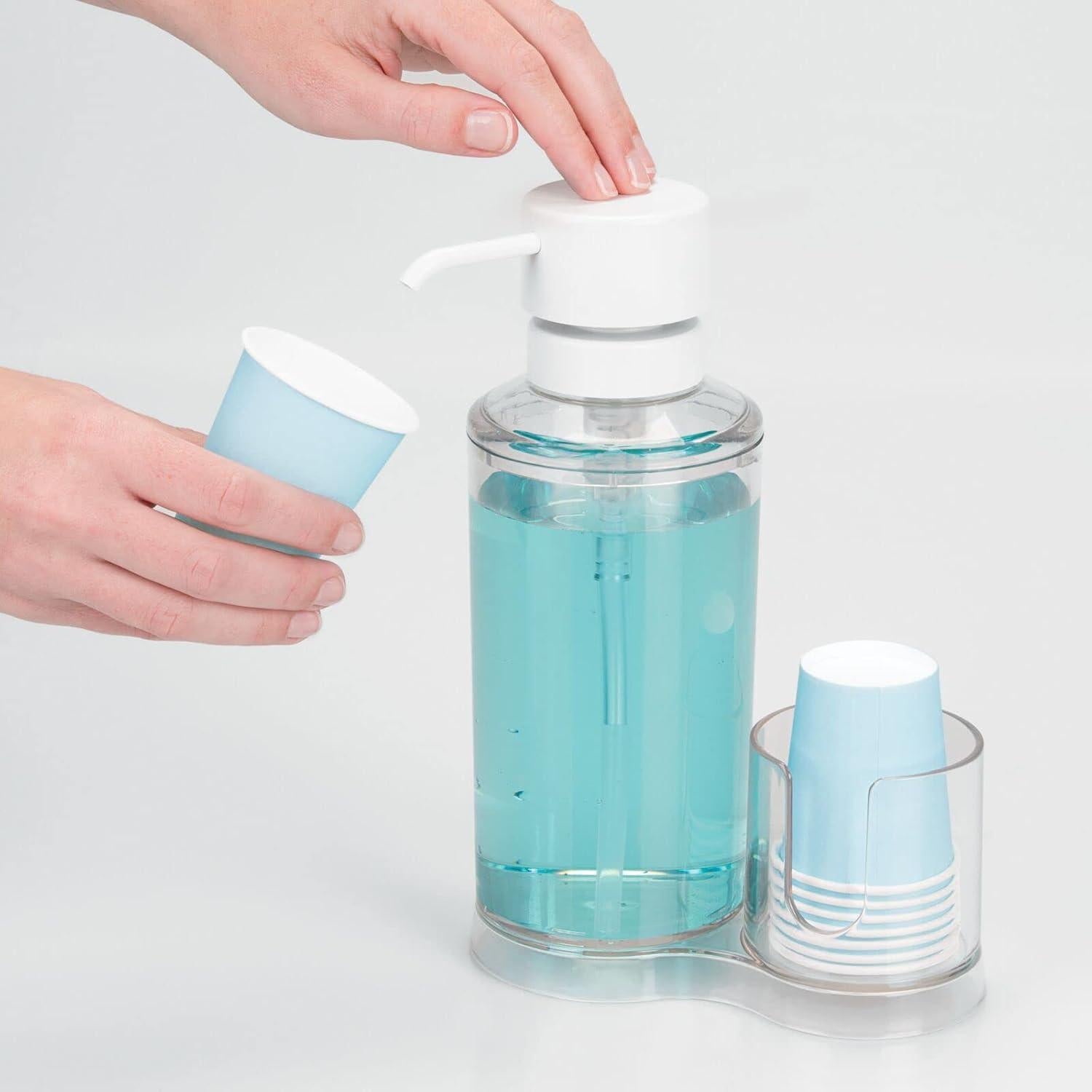 Dispensador de Enjuague Bucal mDesign con 8 Tazas - Claro/Blanco