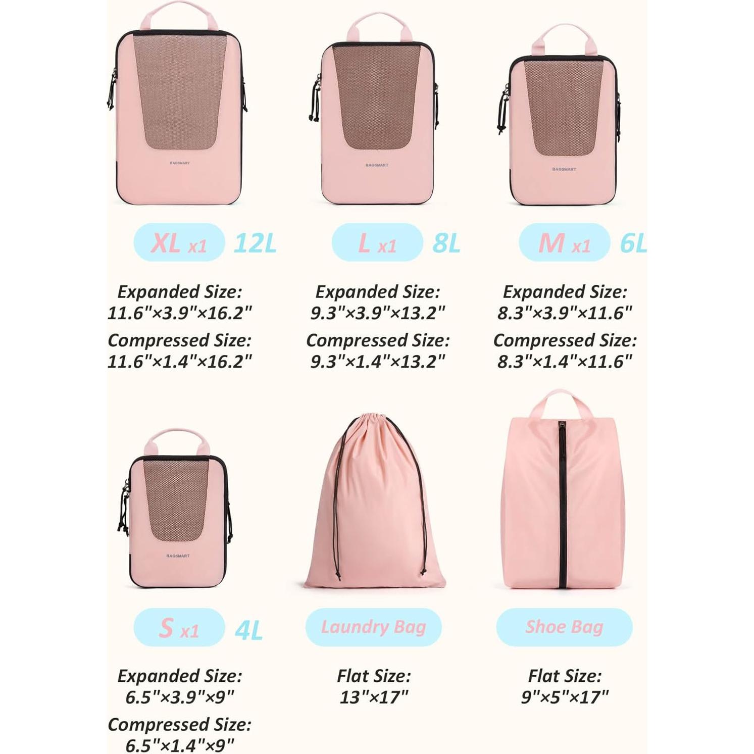 Cubos de Empaque BAGSMART 6 Set Rosa Bebé para Viajes