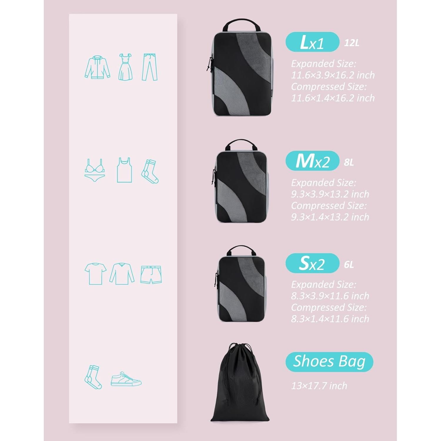 Cubos de Compresión BAGSMART 6 Set para Equipaje 29x40cm