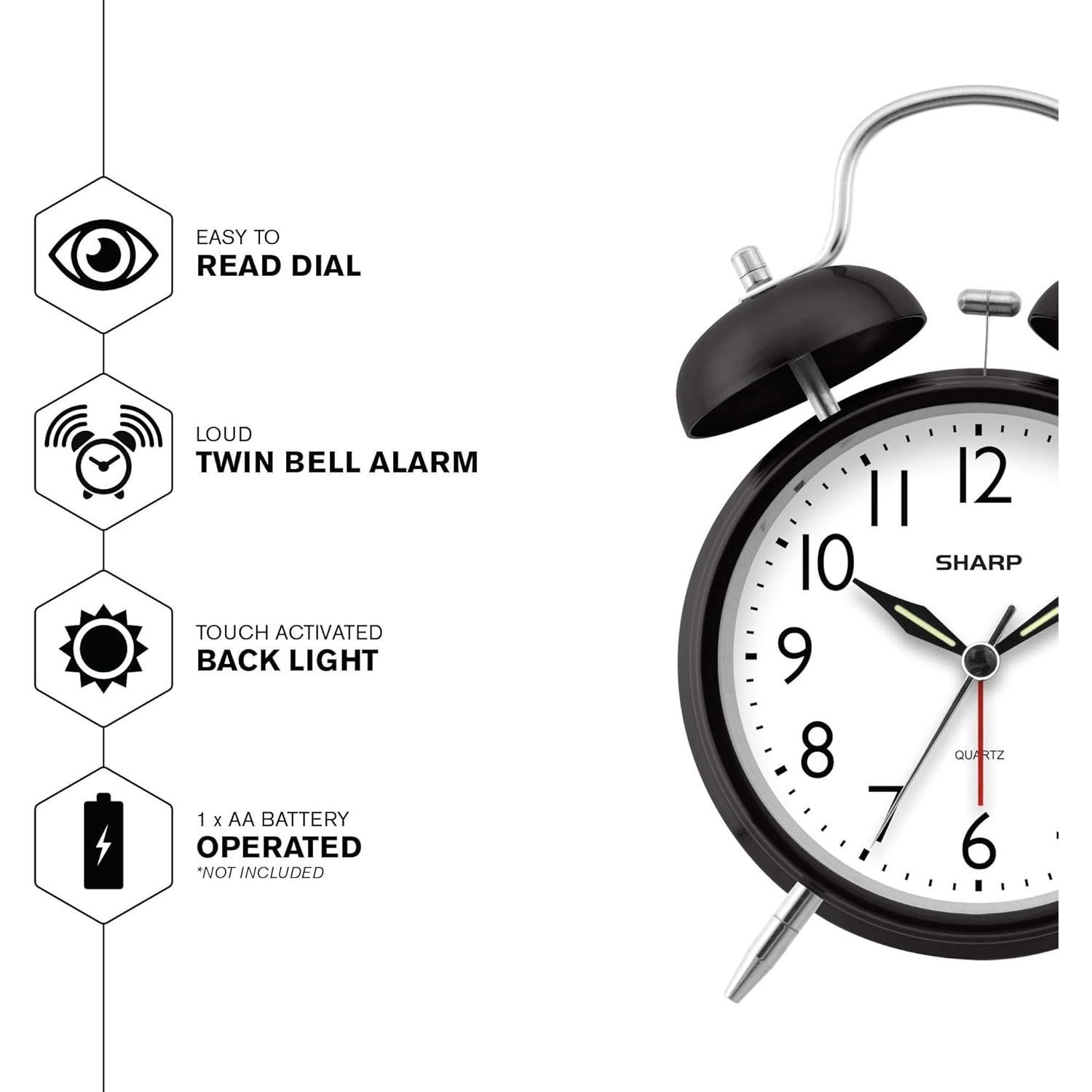 Reloj Despertador Analógico SHARP Twin Bell Negro 0.33 kg