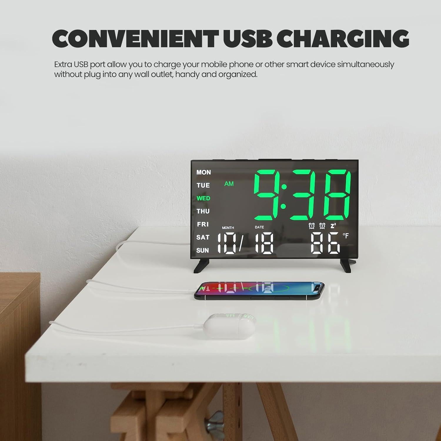 Reloj Despertador Digital MEISHIDA LED Negro con USB