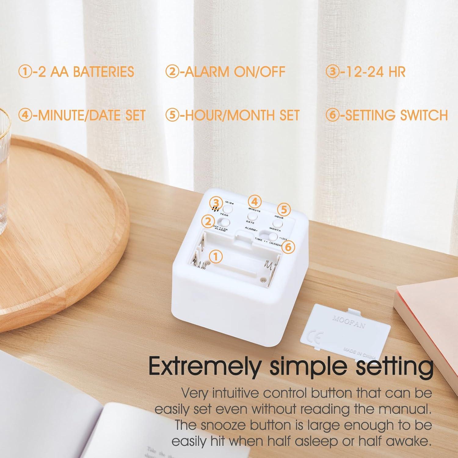 Reloj Despertador Digital MOOFAN Blanco con Luz Nocturna