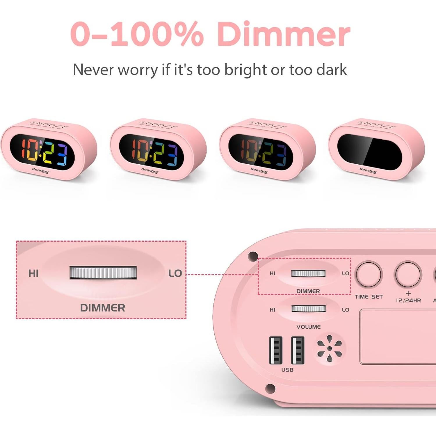 Reloj Despertador Digital REACHER Rosa LED USB 14.2 cm