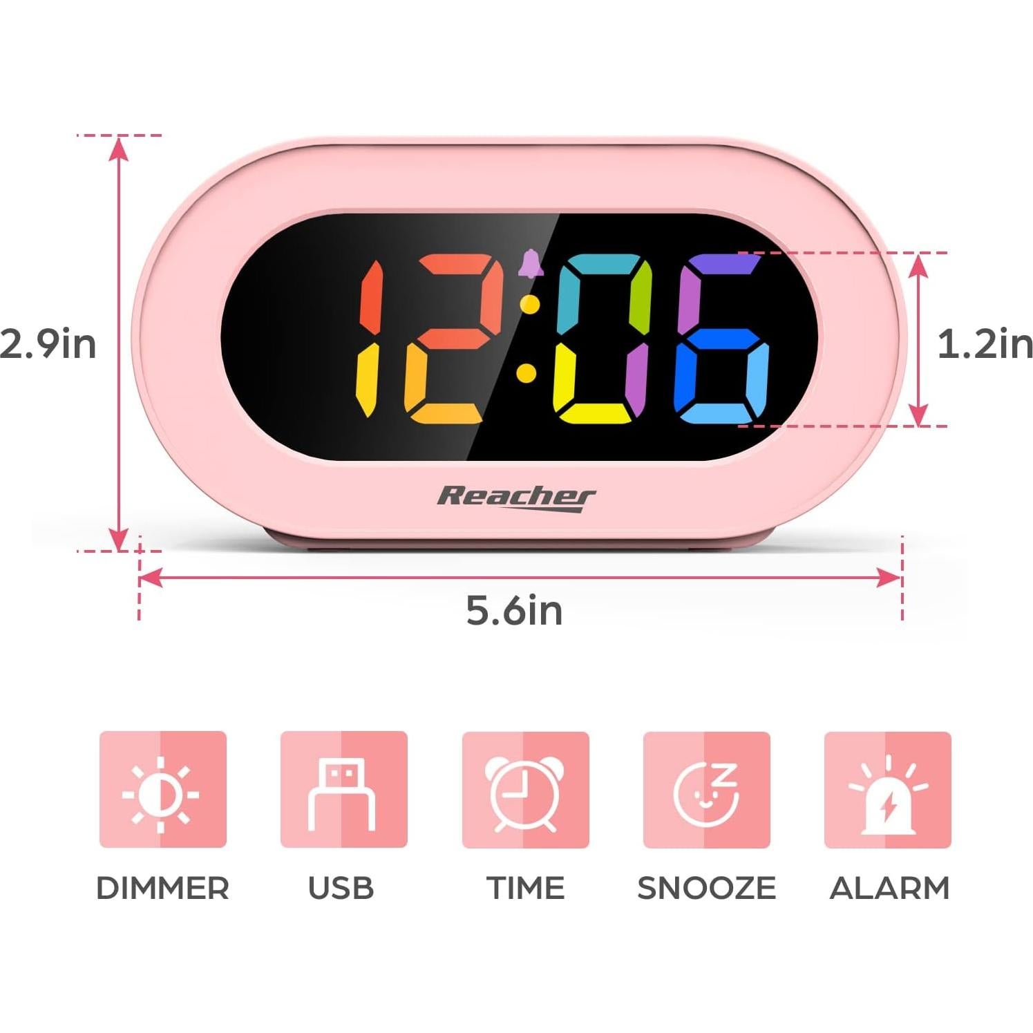 Reloj Despertador Digital REACHER Rosa LED USB 14.2 cm