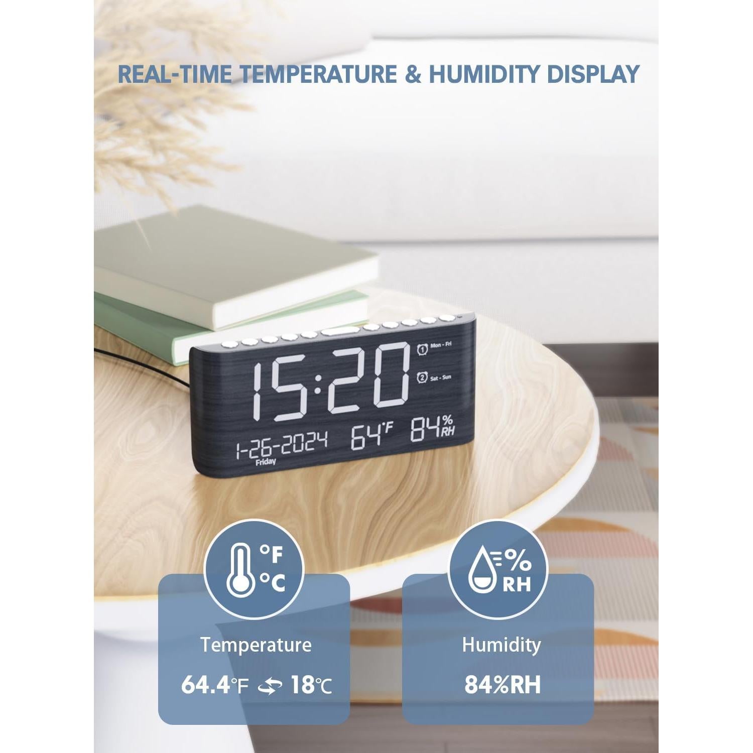 Reloj Despertador Digital de Madera PPLEE con Cargador USB