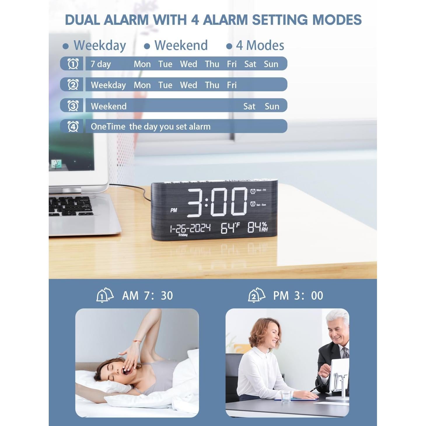 Reloj Despertador Digital de Madera PPLEE con Cargador USB