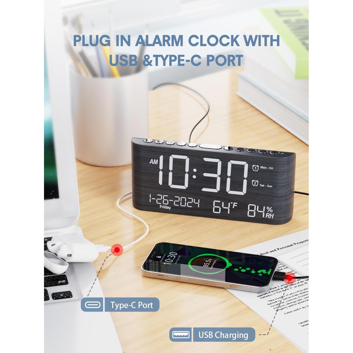 Reloj Despertador Digital de Madera PPLEE con Cargador USB