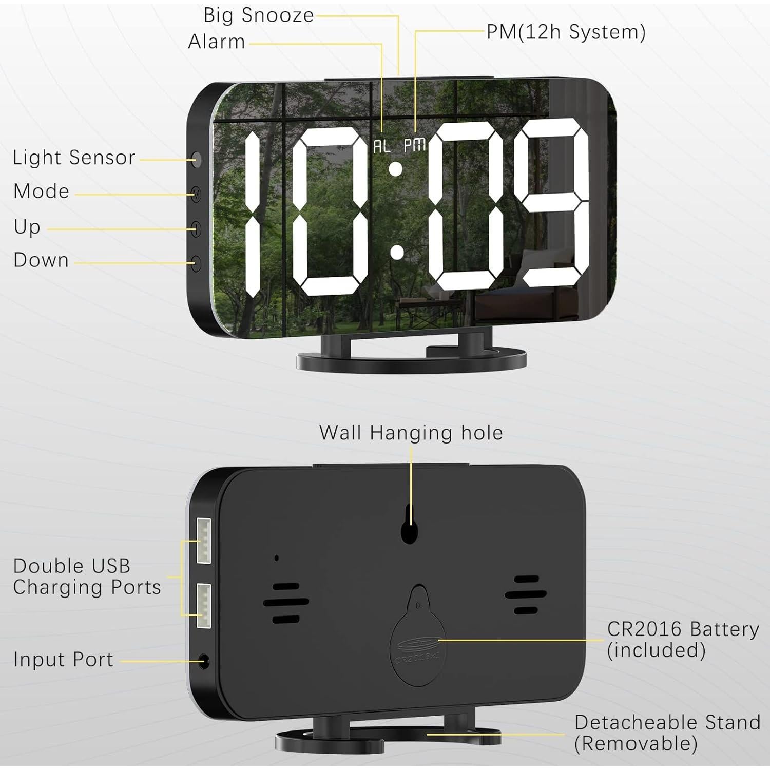 Reloj Despertador Digital WulaWindy Negro con Cargador USB