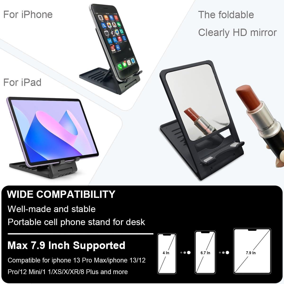 Folding Cell Phone Stand, Foldable Phone Holder for Desk Compatible with Smartphones 15 14 13 12 11 Pro Xs Xs Max Xr X 8, Nintendo Switch, Black