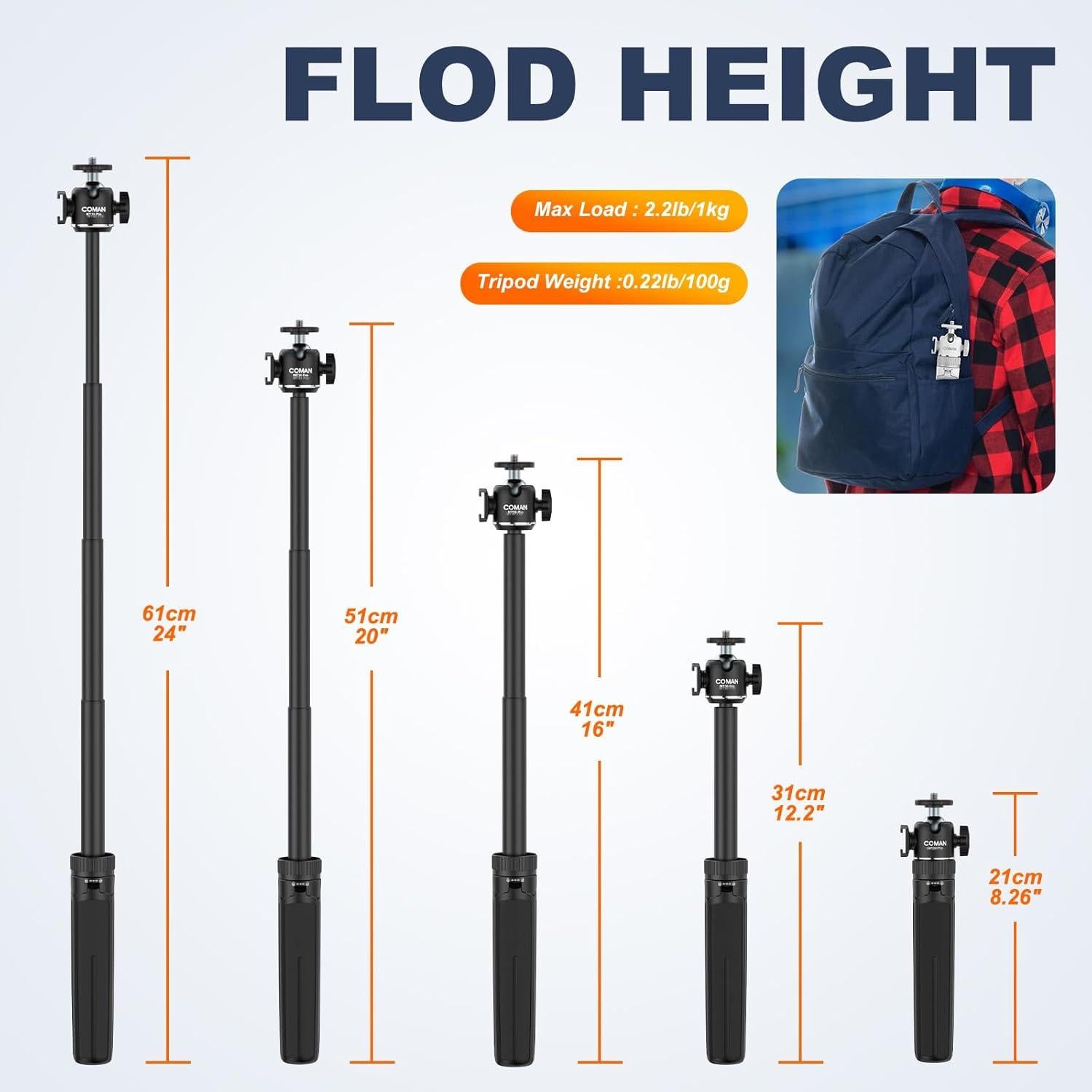 Trípode Extensible COMAN MT30-Pro para Teléfono 61cm