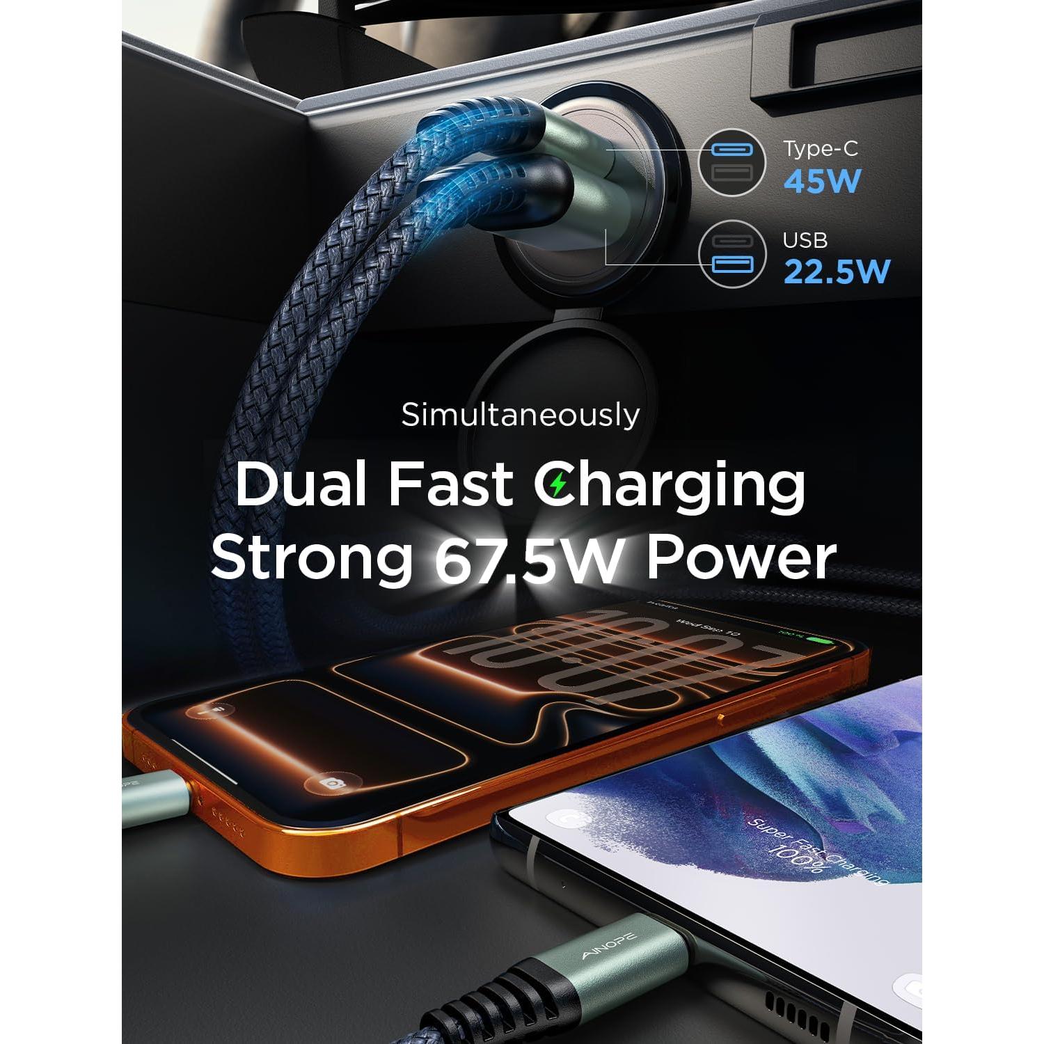 Cargador de coche AINOPE 67.5W USB C carga rápida para iPhone 17 Pro