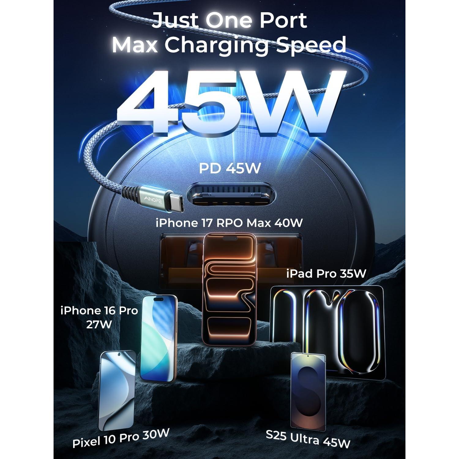 Cargador de coche AINOPE 67.5W USB C carga rápida para iPhone 17 Pro