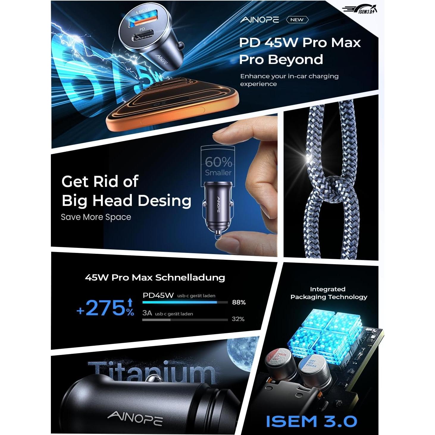 Cargador de coche AINOPE 67.5W USB C carga rápida para iPhone 17 Pro