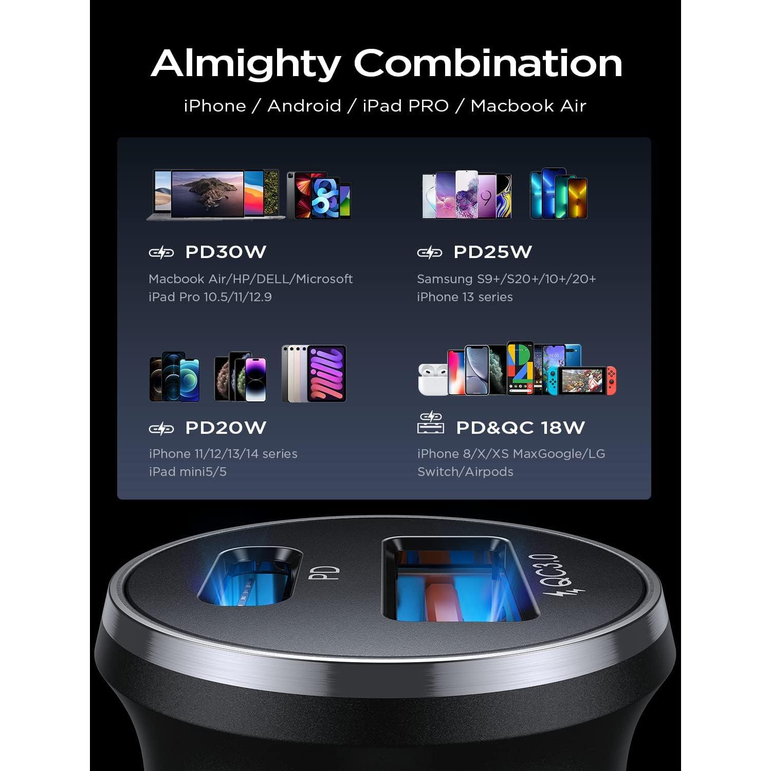 Cargador de coche AINOPE 67.5W USB C carga rápida para iPhone 17 Pro