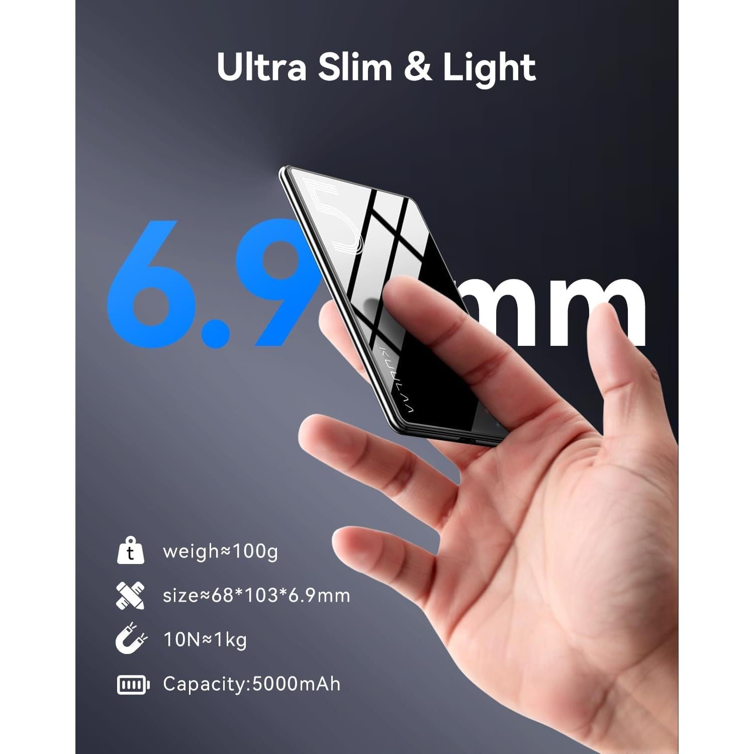 Banco de Poder Inalámbrico Kuulaa 5000mAh Delgado Negro