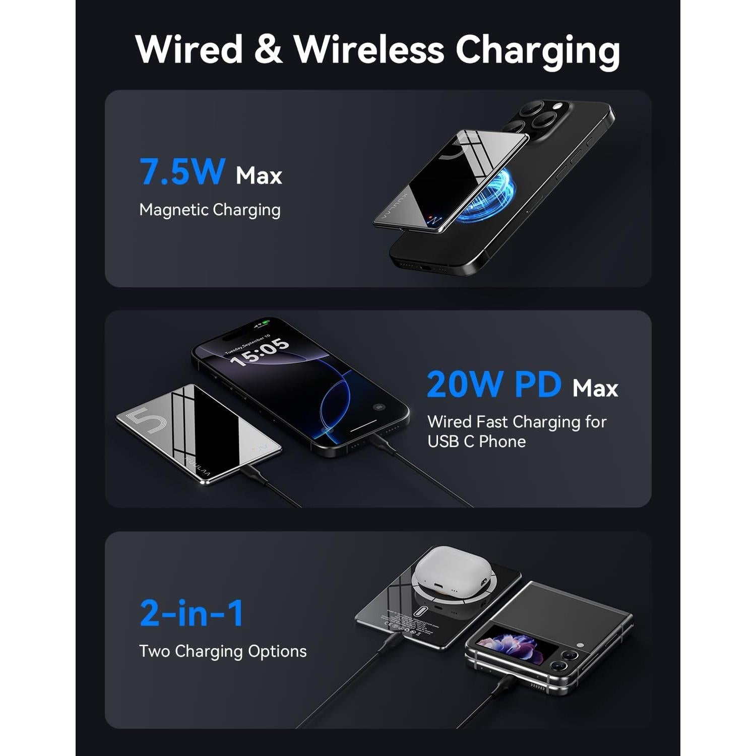 Banco de Poder Inalámbrico Kuulaa 5000mAh Delgado Negro