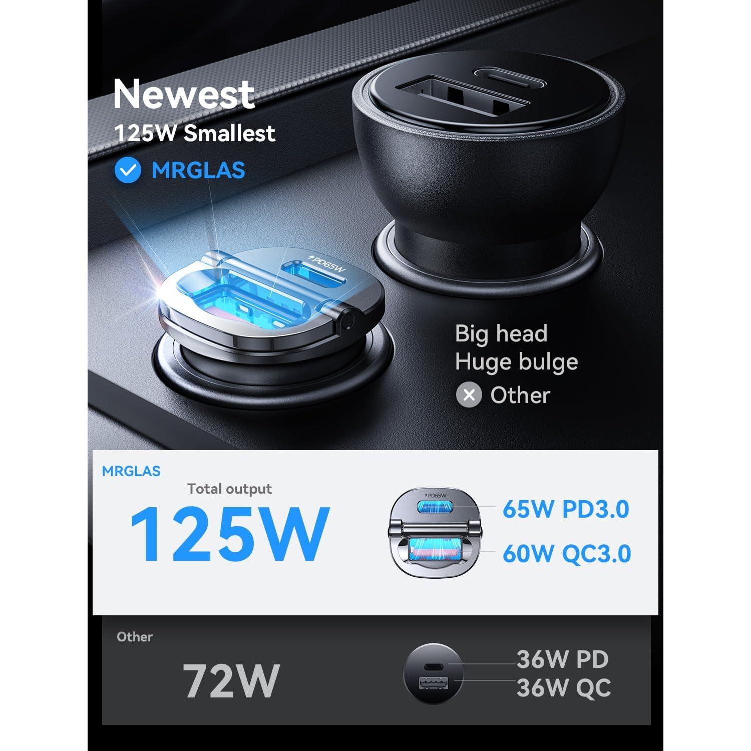 Cargador de Coche MRGLAS 125W USB-C Rápido con Cable 3.3ft