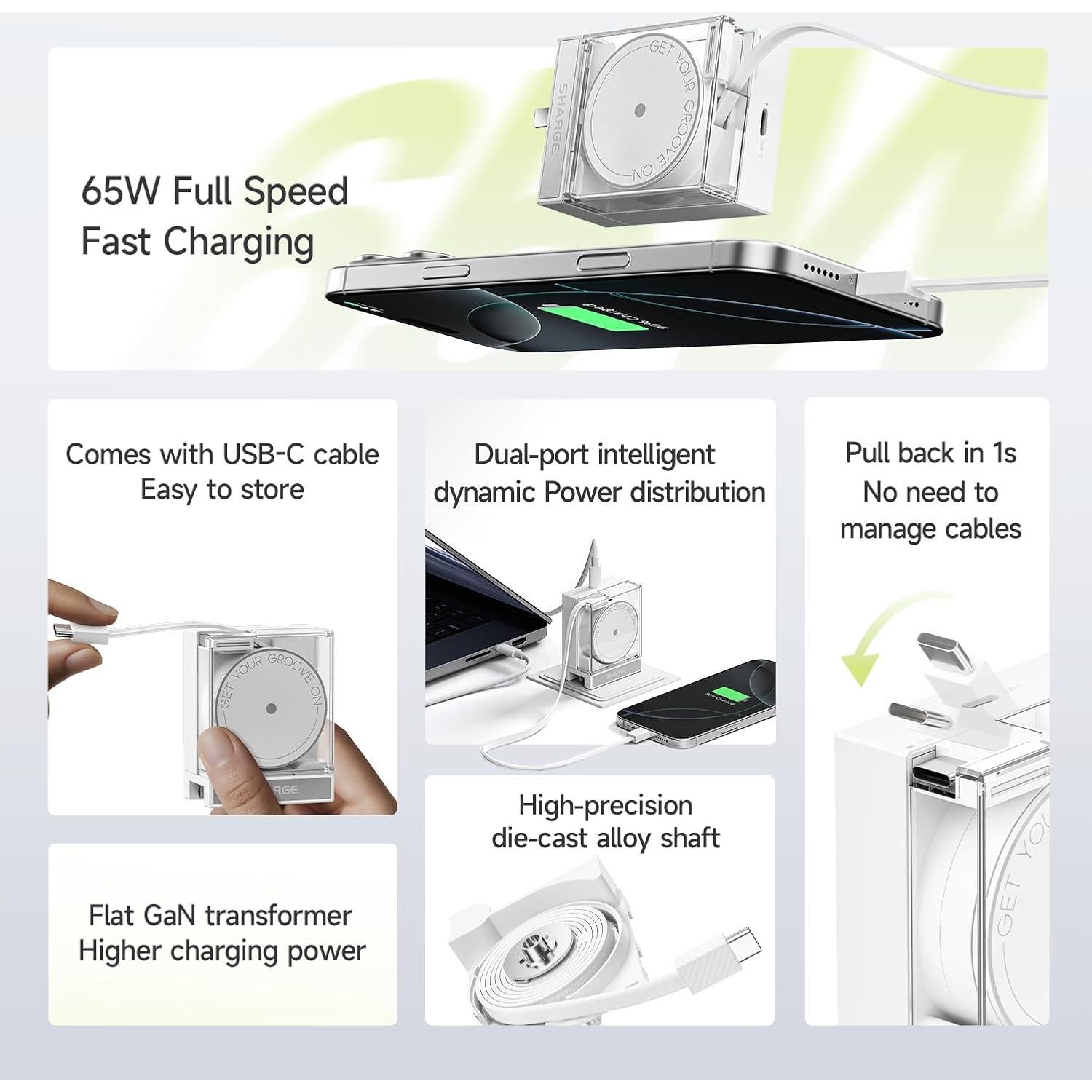 Cargador USB C Retráctil 65W Sharge con Cable para MacBook