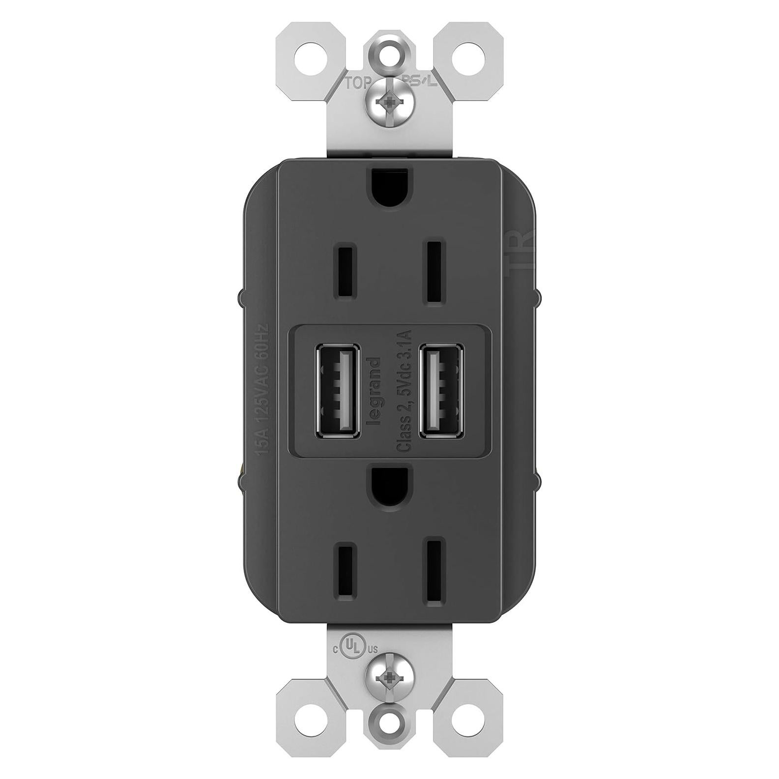 Tomacorriente Dúplex Legrand Radiant 15A con Cargador USB 3.1A Negro