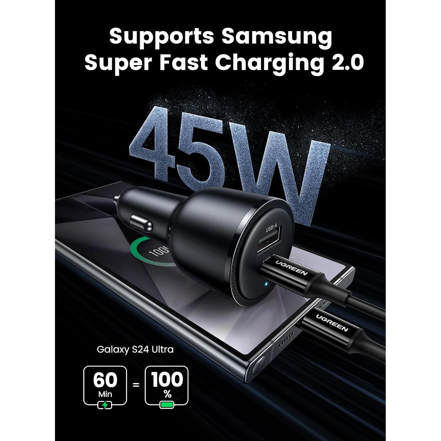 UGREEN 63W USB C Car Charger Adapter, PPS 45W Super Fast Charging 2.0 Type C Car Charger Cargador para Carro, Dual USB C for iPhone 17/16/15/14/13/12, Galaxy S24/S23/S22/Series, iPad, MacBook