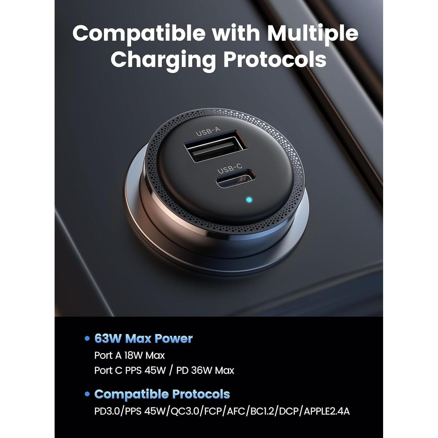 UGREEN 63W USB C Car Charger Adapter, PPS 45W Super Fast Charging 2.0 Type C Car Charger Cargador para Carro, Dual USB C for iPhone 17/16/15/14/13/12, Galaxy S24/S23/S22/Series, iPad, MacBook