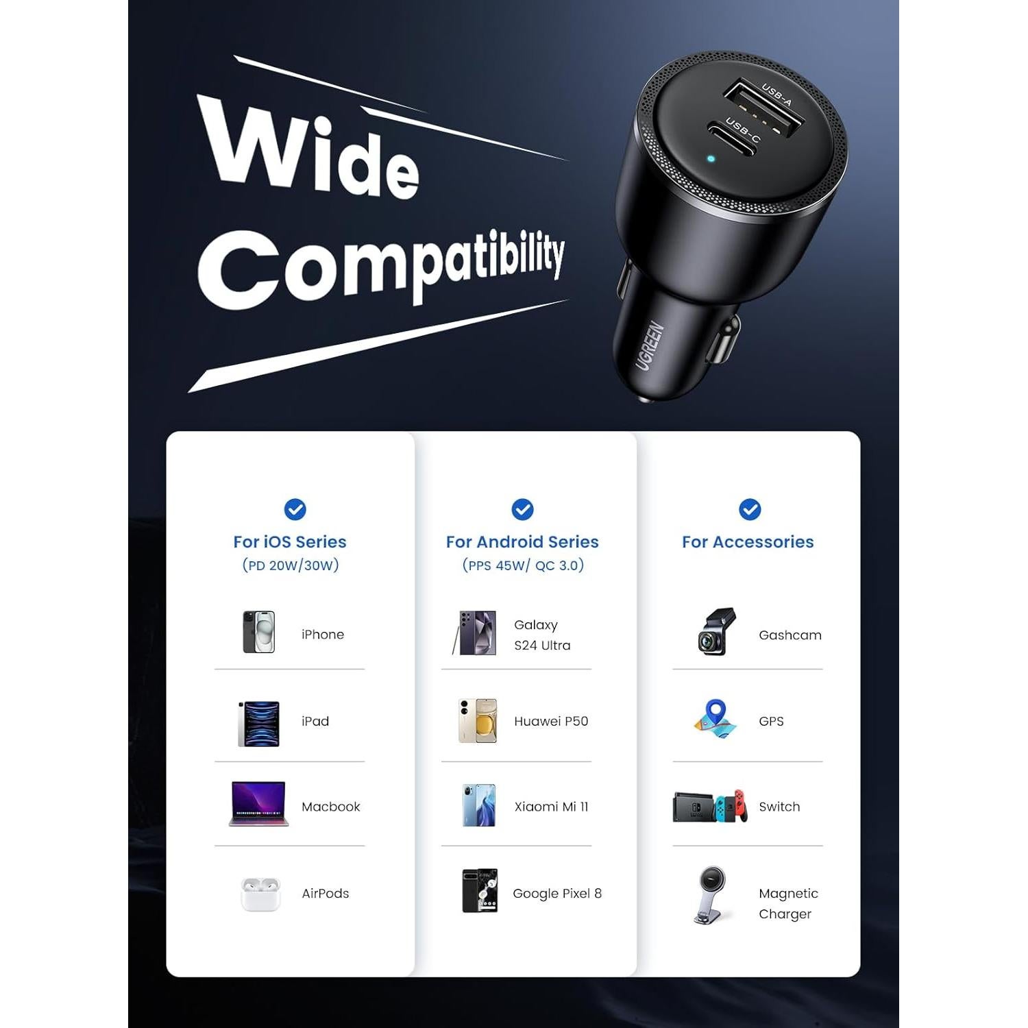 UGREEN 63W USB C Car Charger Adapter, PPS 45W Super Fast Charging 2.0 Type C Car Charger Cargador para Carro, Dual USB C for iPhone 17/16/15/14/13/12, Galaxy S24/S23/S22/Series, iPad, MacBook