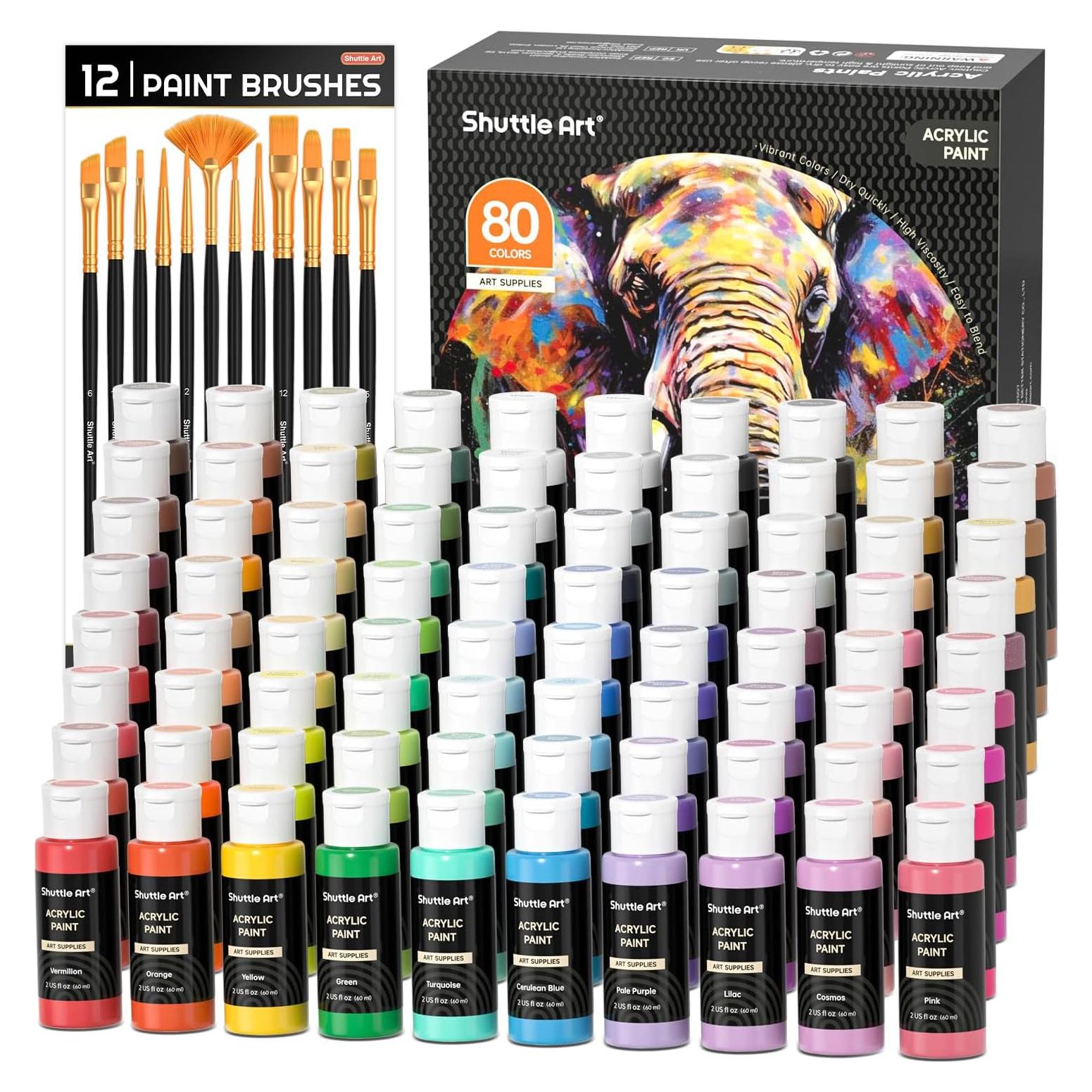 Set de 80 Pinturas Acrílicas Shuttle Art 60 ml y 12 Pinceles