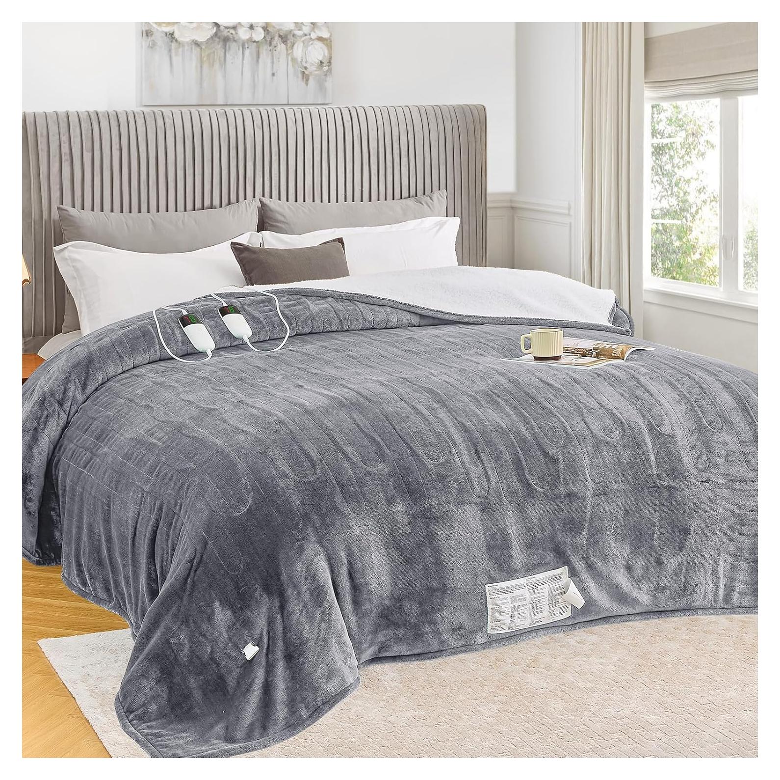 greenoak Heated Blanket Electric Queen Size 84"X90" Dual Control, Heating Blanket with 10 Heat Levels 1/2/4/6/8 Hours Auto-Off Overheat Protection, Soft Sherpa Warm, ETL Certified Misty Grey