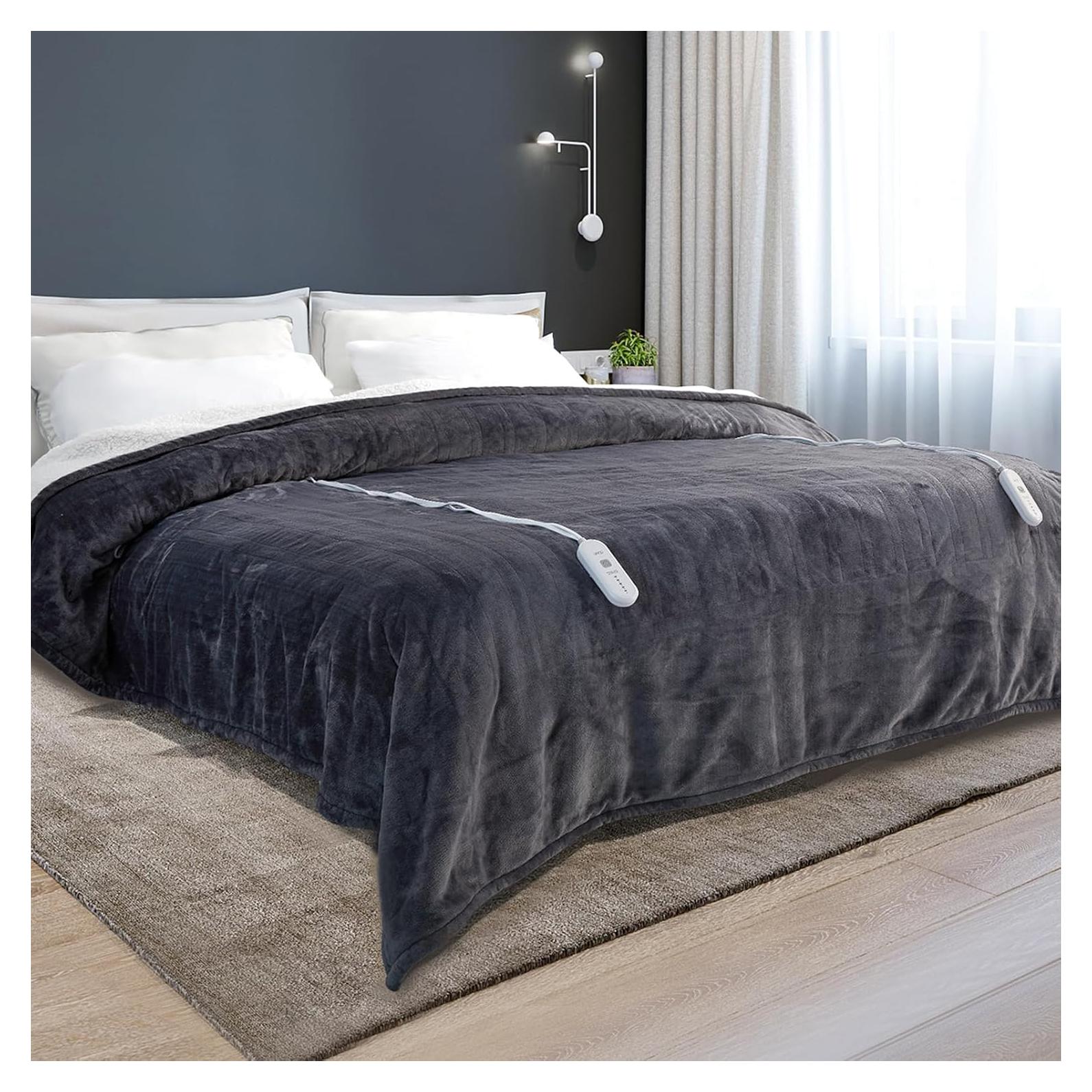 Electric Blanket King Size - Heated Blanket with Dual Control, 5 Heating Levels, 10 Hrs Auto Off, Soft Fleece Sherpa Flannel Warming Blanket for Bed, Machine Washable, 90×100", Grey