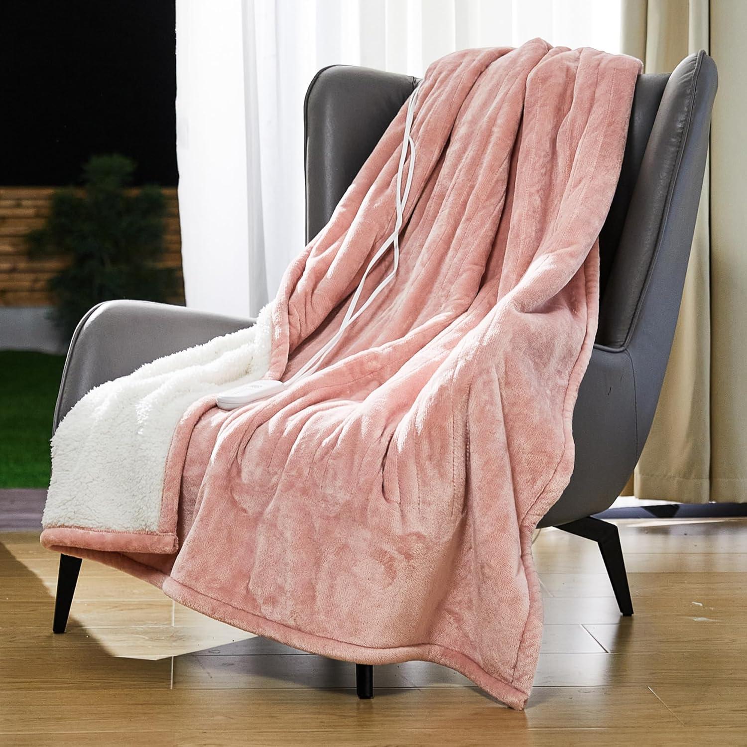 Dowin Pink Heated Blanket Electric Throw Fleece Flannel Heating Warming Blankets with Auto Shut Off for Couch Office Chair Bed Adults Fuzzy Cozy Machine Washable 50x60