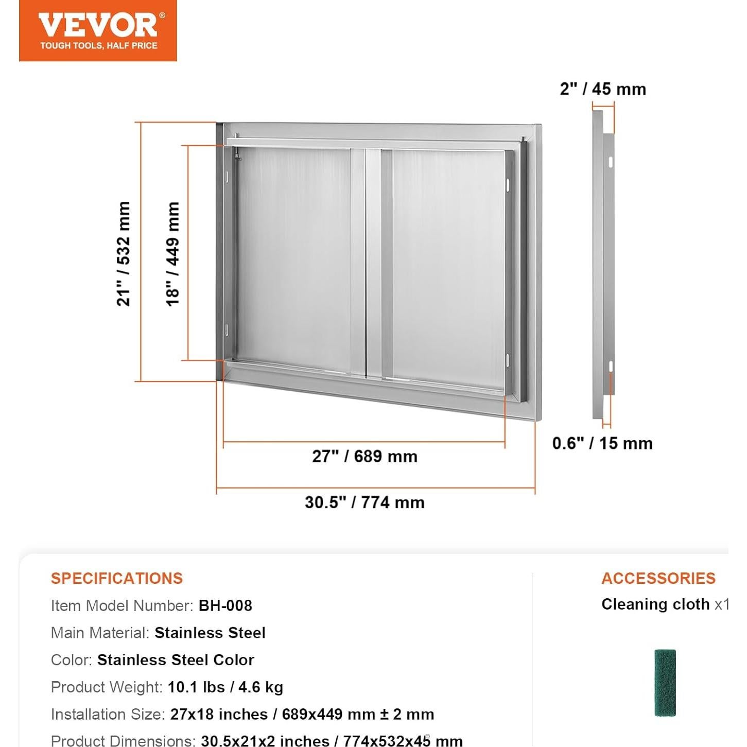 Puerta Doble BBQ VEVOR 75.5 x 53 cm Acero Inoxidable