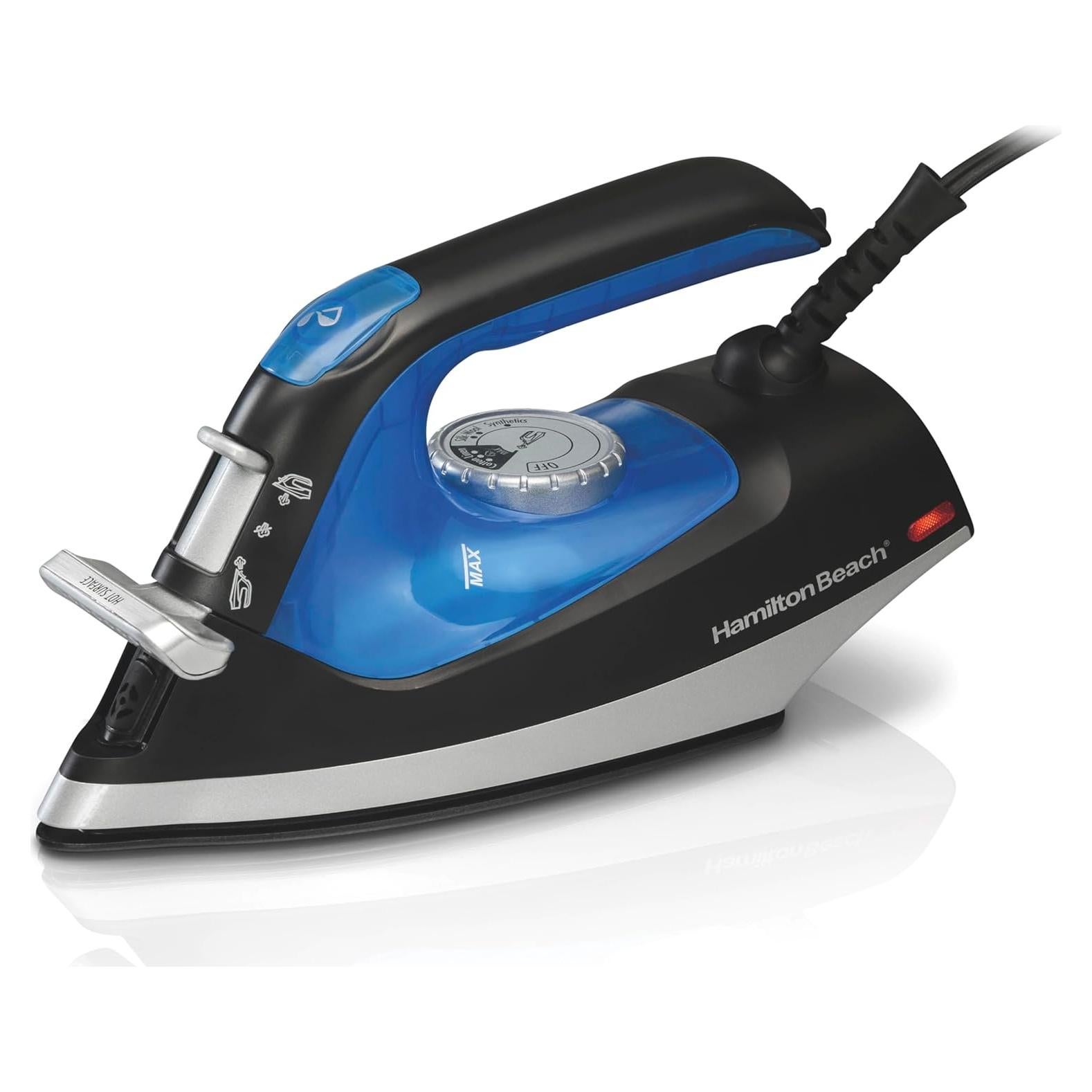 Hamilton Beach 2-in-1 Steam Iron for Clothes and Garment Steamer with 5 Temperature Settings, Nonstick Soleplate, 1200 Watts, 8’ Cord, Black & Blue (14525F)