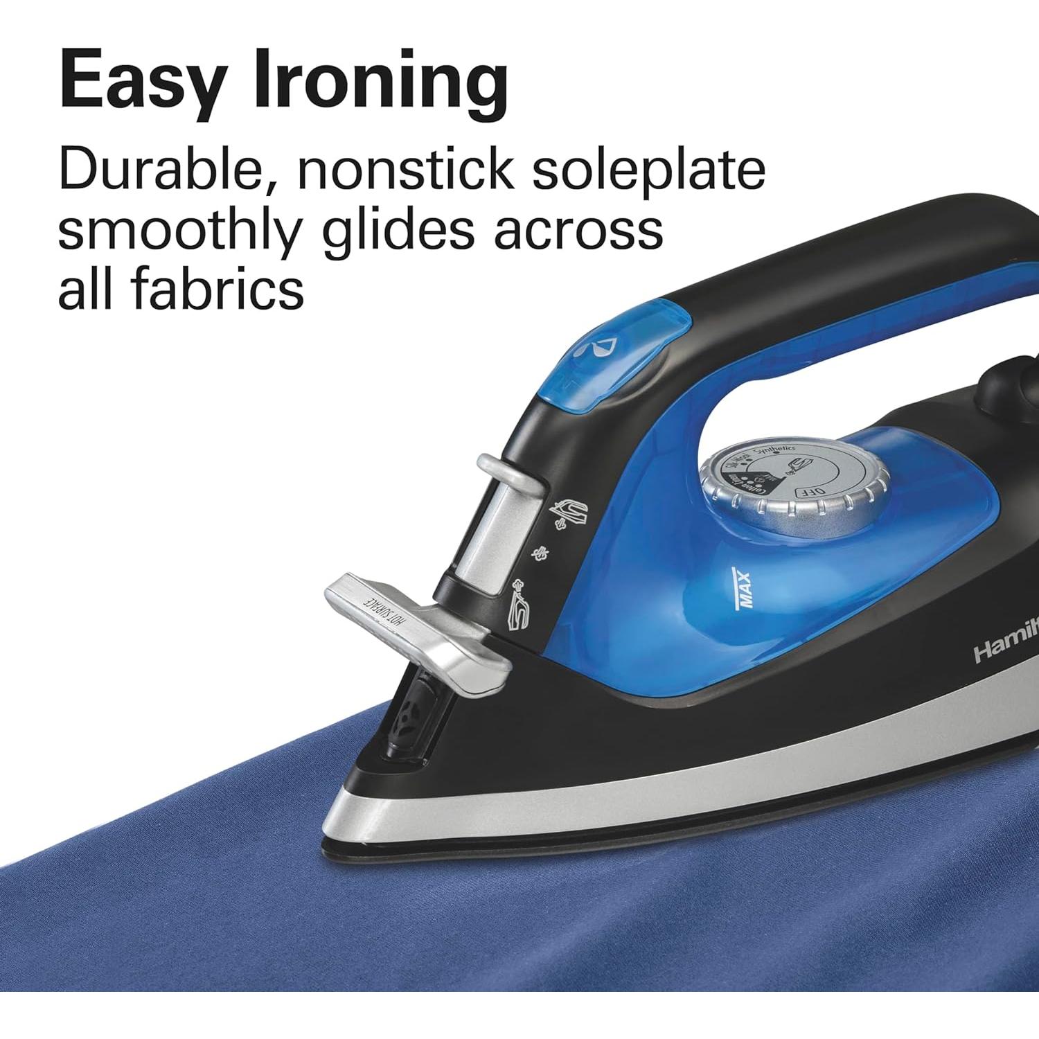 Hamilton Beach 2-in-1 Steam Iron for Clothes and Garment Steamer with 5 Temperature Settings, Nonstick Soleplate, 1200 Watts, 8’ Cord, Black & Blue (14525F)