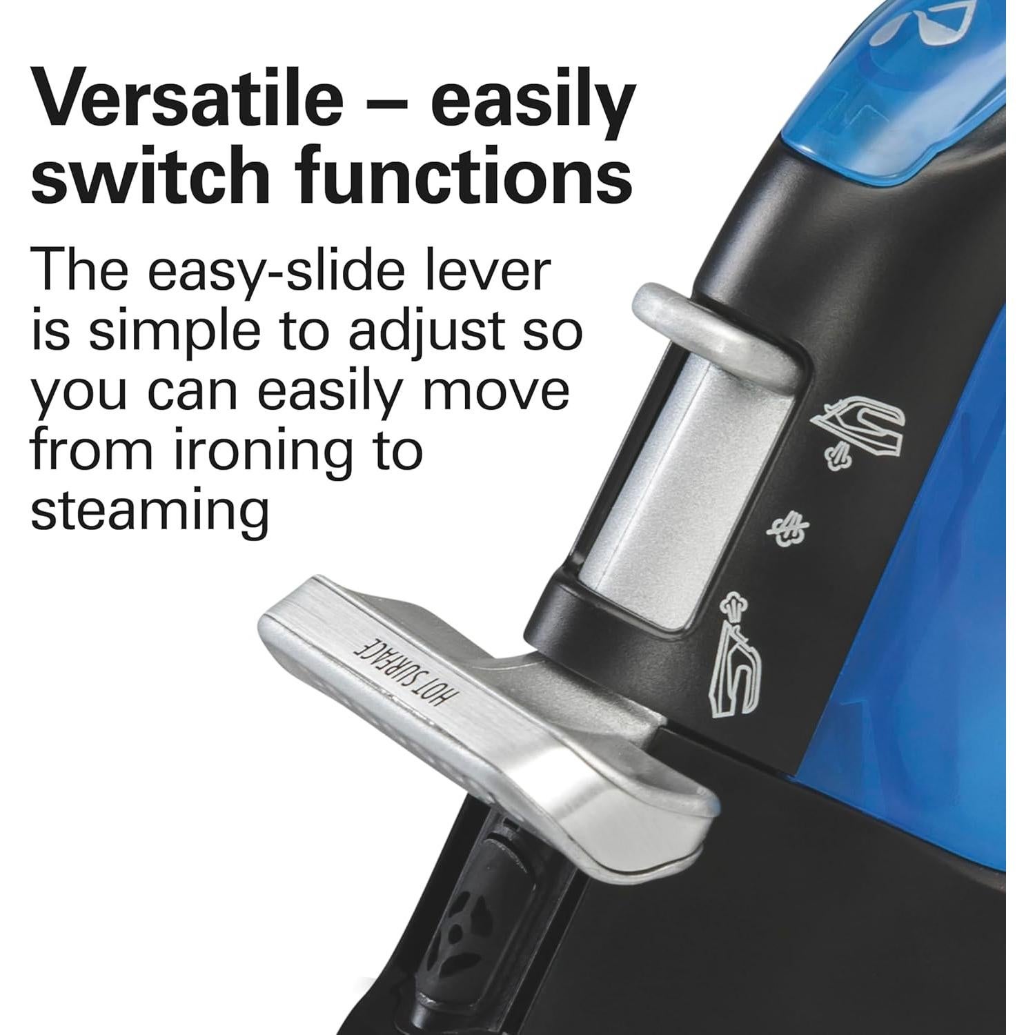 Hamilton Beach 2-in-1 Steam Iron for Clothes and Garment Steamer with 5 Temperature Settings, Nonstick Soleplate, 1200 Watts, 8’ Cord, Black & Blue (14525F)