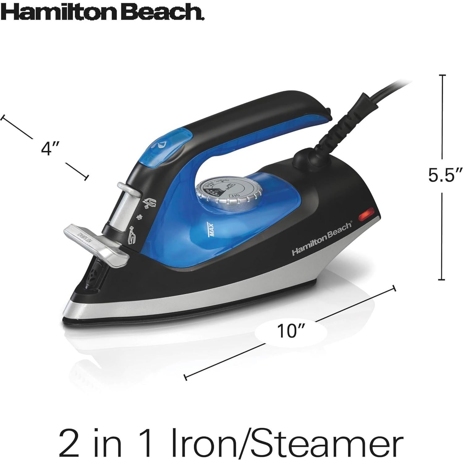 Hamilton Beach 2-in-1 Steam Iron for Clothes and Garment Steamer with 5 Temperature Settings, Nonstick Soleplate, 1200 Watts, 8’ Cord, Black & Blue (14525F)