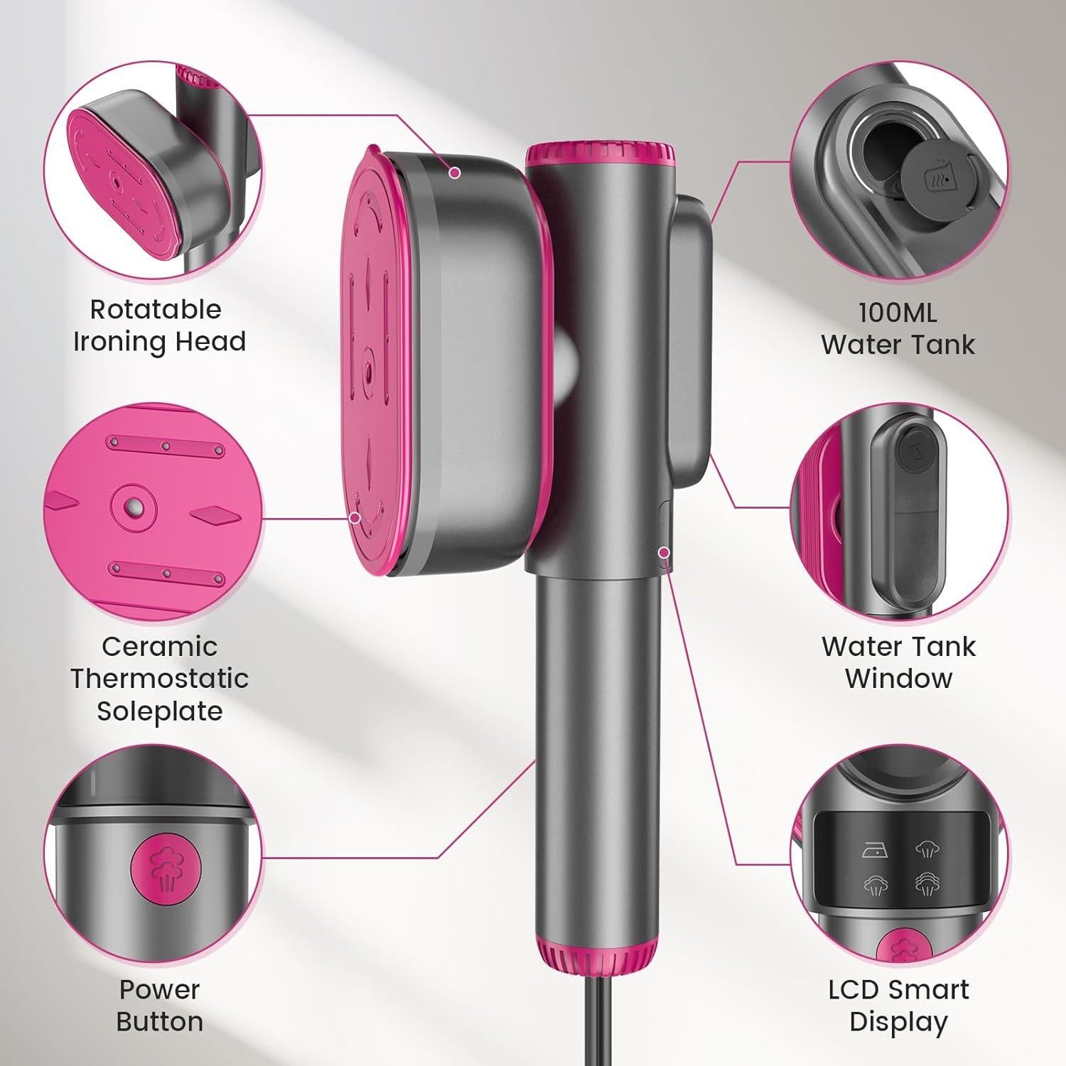 Handheld Portable Steamer for Clothes - LCD Display, Dual Function Wet/Dry Iron, 15s Heat-up, Rotatable Head - Home Travel Use clothes steamer