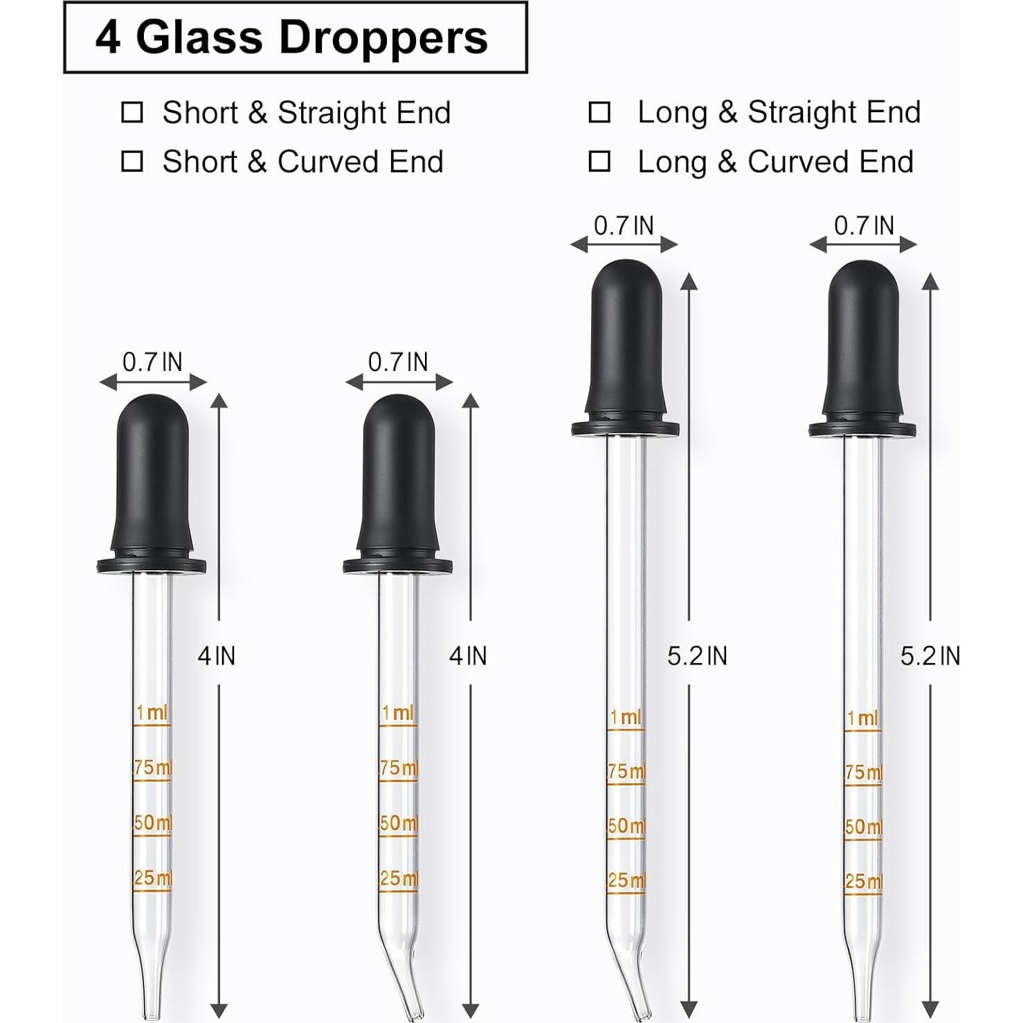 Paquete de 4 goteros de vidrio 1 mL - Punta larga y corta