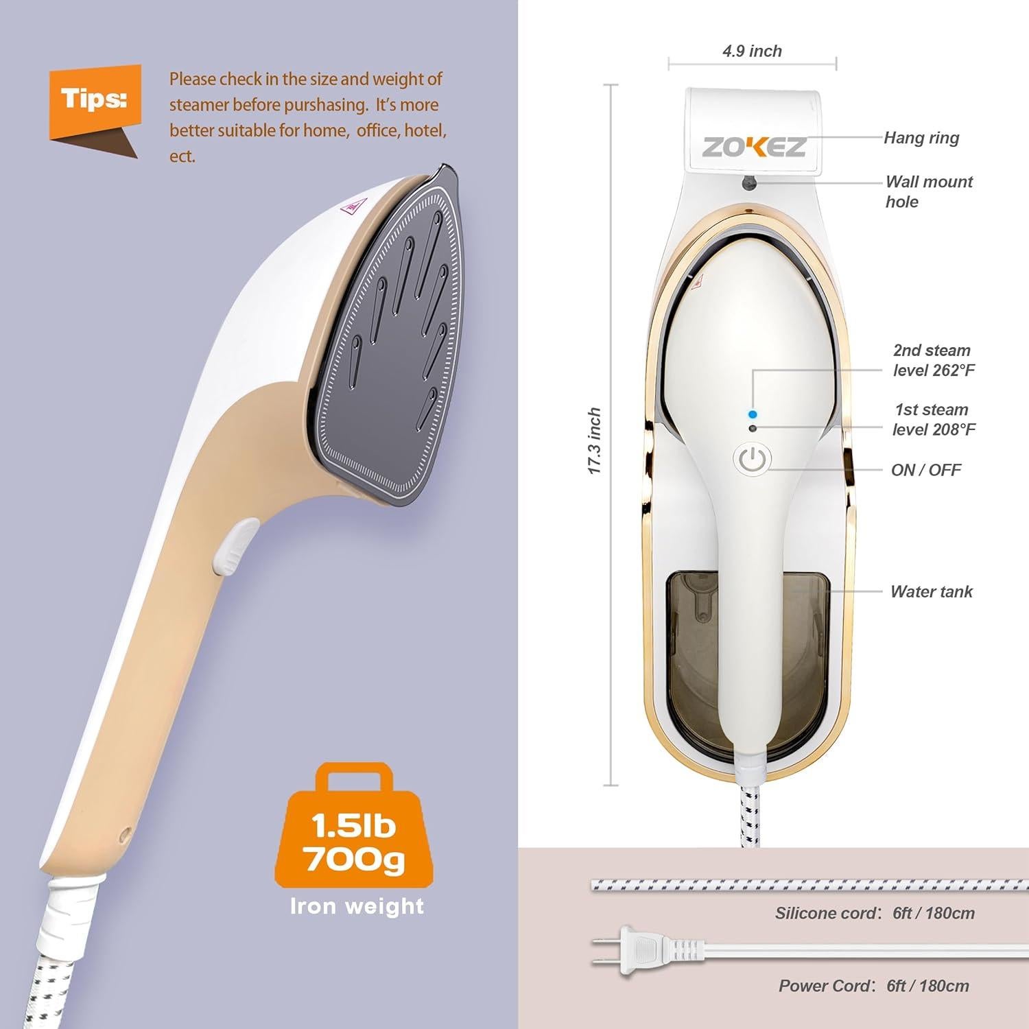 Handheld Steamer for Clothes, 1500W Extra Large Soleplate, 330ml Detachable Tank, 2-in-1 Horizontal & Vertical Use, Fabric Wrinkles Remover, No Water Leak and Auto-Off