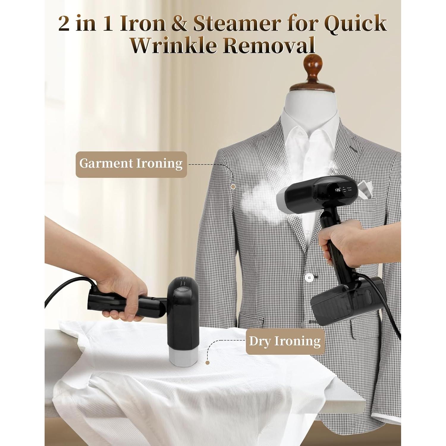 2025 Upgrade Steamer for Clothes, 2 in 1 Iron & Steamer for Quick Wrinkle Removal, 5 Adjustable Grades Temperature with LED Digital Display for Home, Office and Travel Use