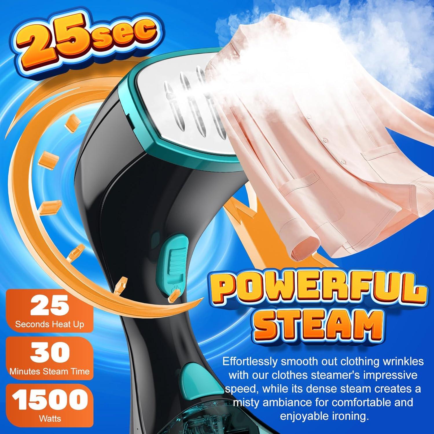 15s Fast Heat-Up and 1500W Powerful Steamer for Clothes with 3 Modes and 300ml Water Tank, Portable Clothes Steamer Iron with Heat-Resistant Glove and Fabric Brush for Home, Dorm, Travel