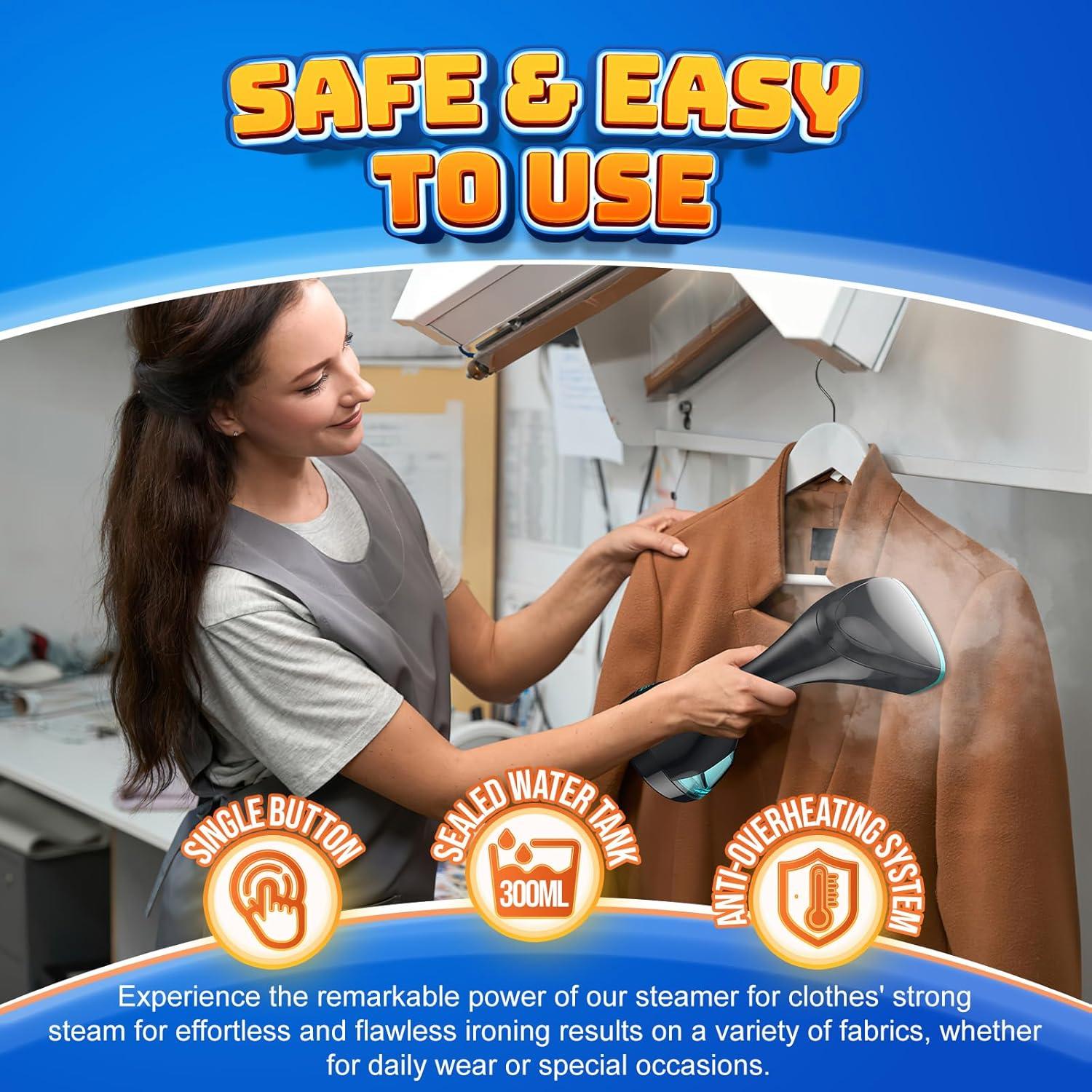 15s Fast Heat-Up and 1500W Powerful Steamer for Clothes with 3 Modes and 300ml Water Tank, Portable Clothes Steamer Iron with Heat-Resistant Glove and Fabric Brush for Home, Dorm, Travel