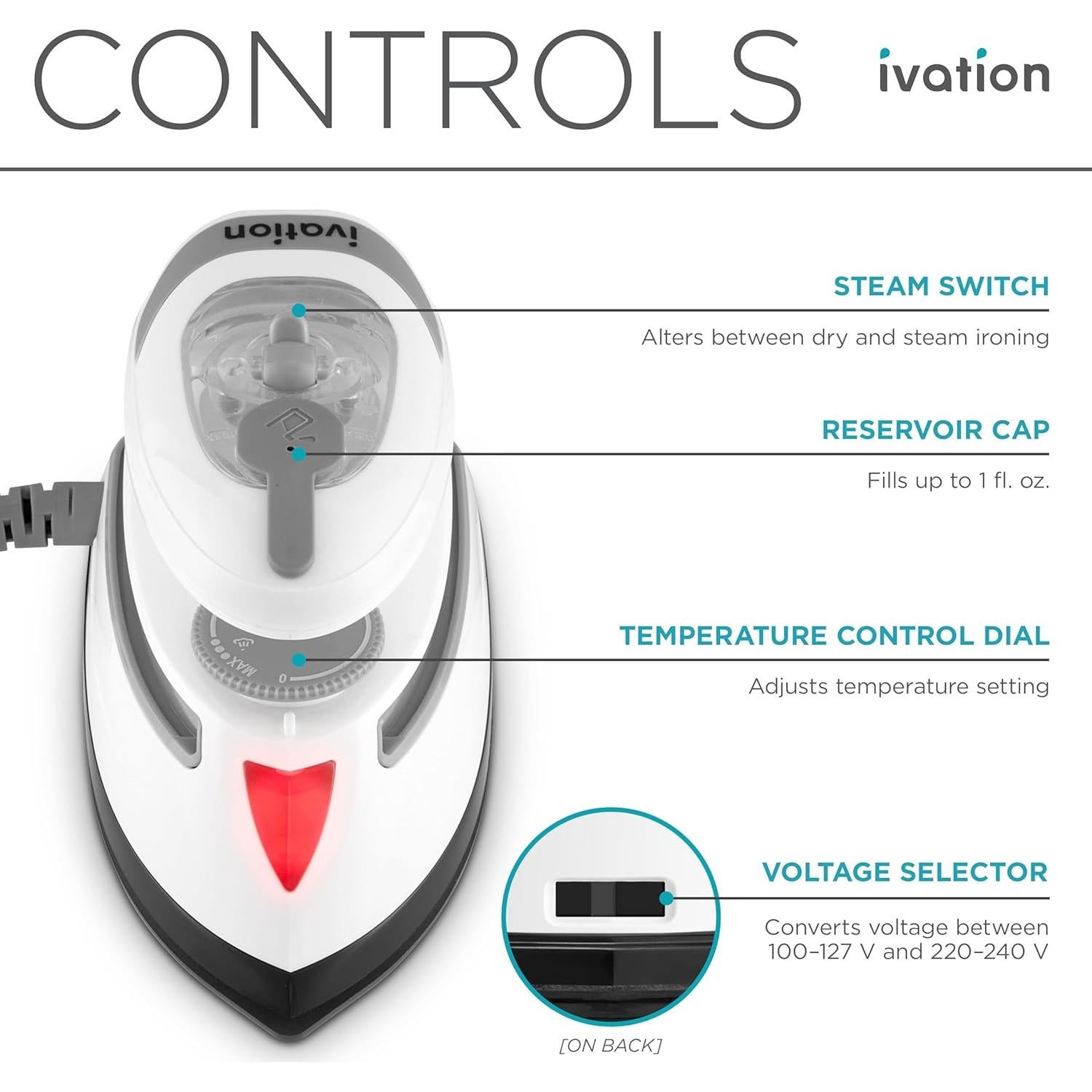 Ivation Travel Steam Iron | Mini Dual Voltage Dry Iron & Clothes Steamer with Nonstick Soleplate, Temperature Control & Indicator Light | Heats in Seconds, Small & Compact, ETL Certified, 1.3 Lbs.
