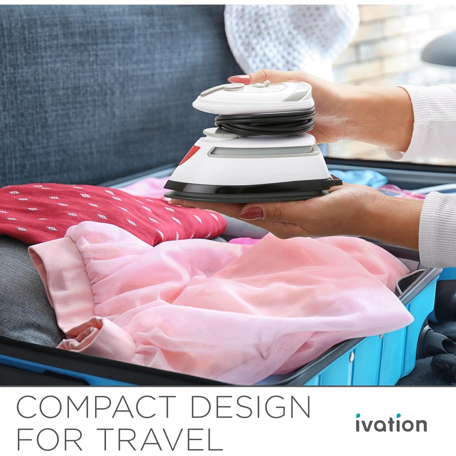Ivation Travel Steam Iron | Mini Dual Voltage Dry Iron & Clothes Steamer with Nonstick Soleplate, Temperature Control & Indicator Light | Heats in Seconds, Small & Compact, ETL Certified, 1.3 Lbs.