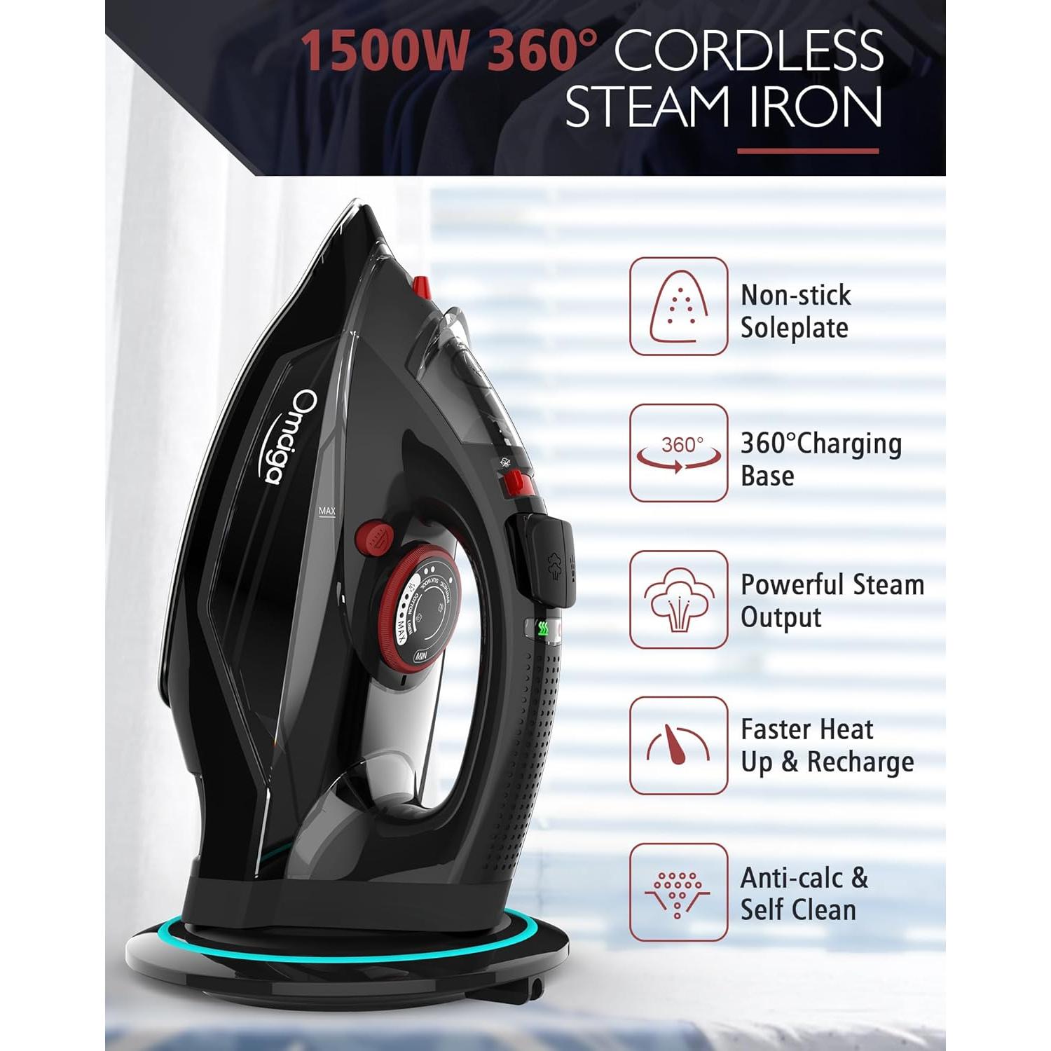 Cordless Iron, 1500W Cordless Iron with Steam - Cordless Iron for Clothes with 11.84oz Water Tank, Anti Drip Iron Cordless with Ceramic Soleplate and 3 Temperature Settings-BLACK