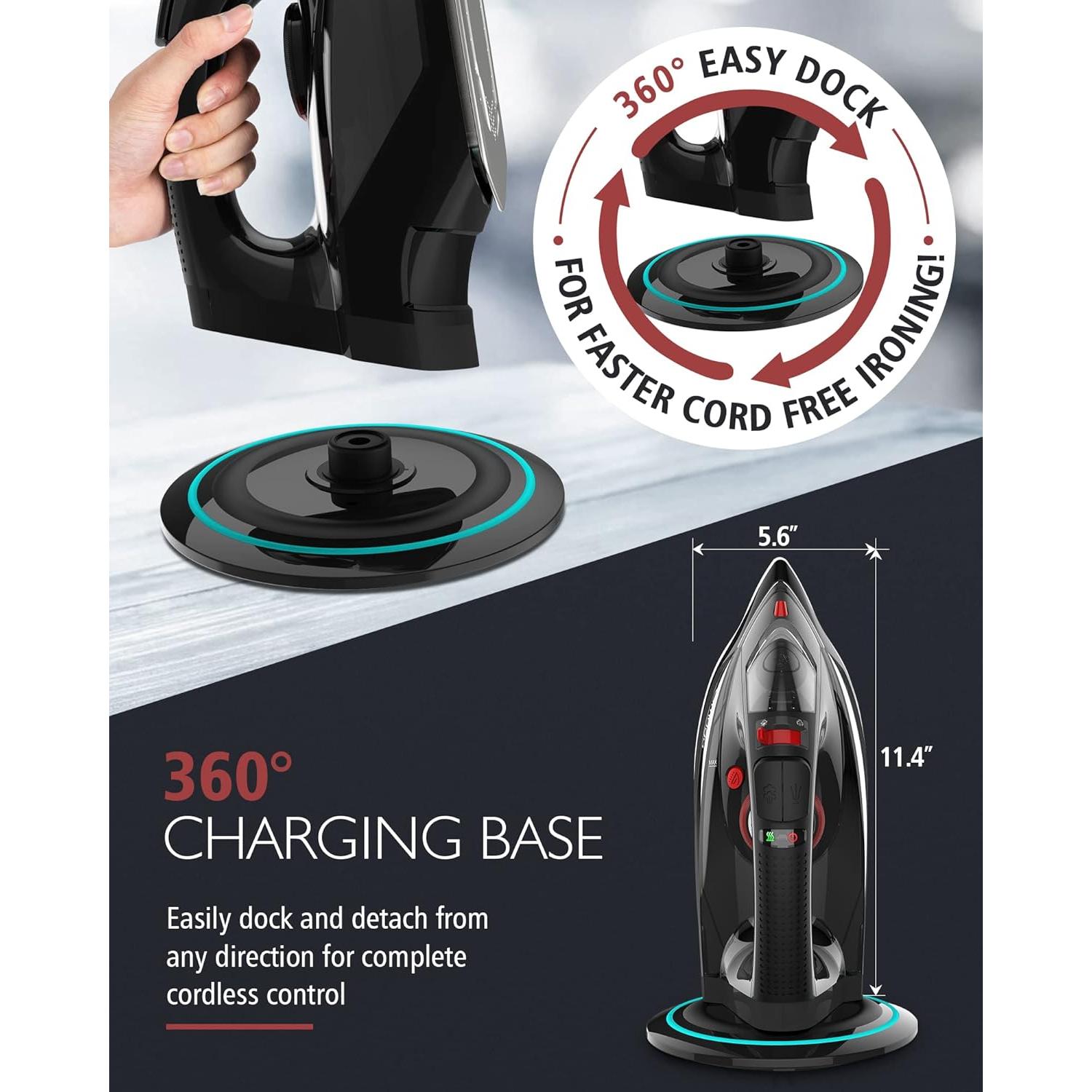 Cordless Iron, 1500W Cordless Iron with Steam - Cordless Iron for Clothes with 11.84oz Water Tank, Anti Drip Iron Cordless with Ceramic Soleplate and 3 Temperature Settings-BLACK